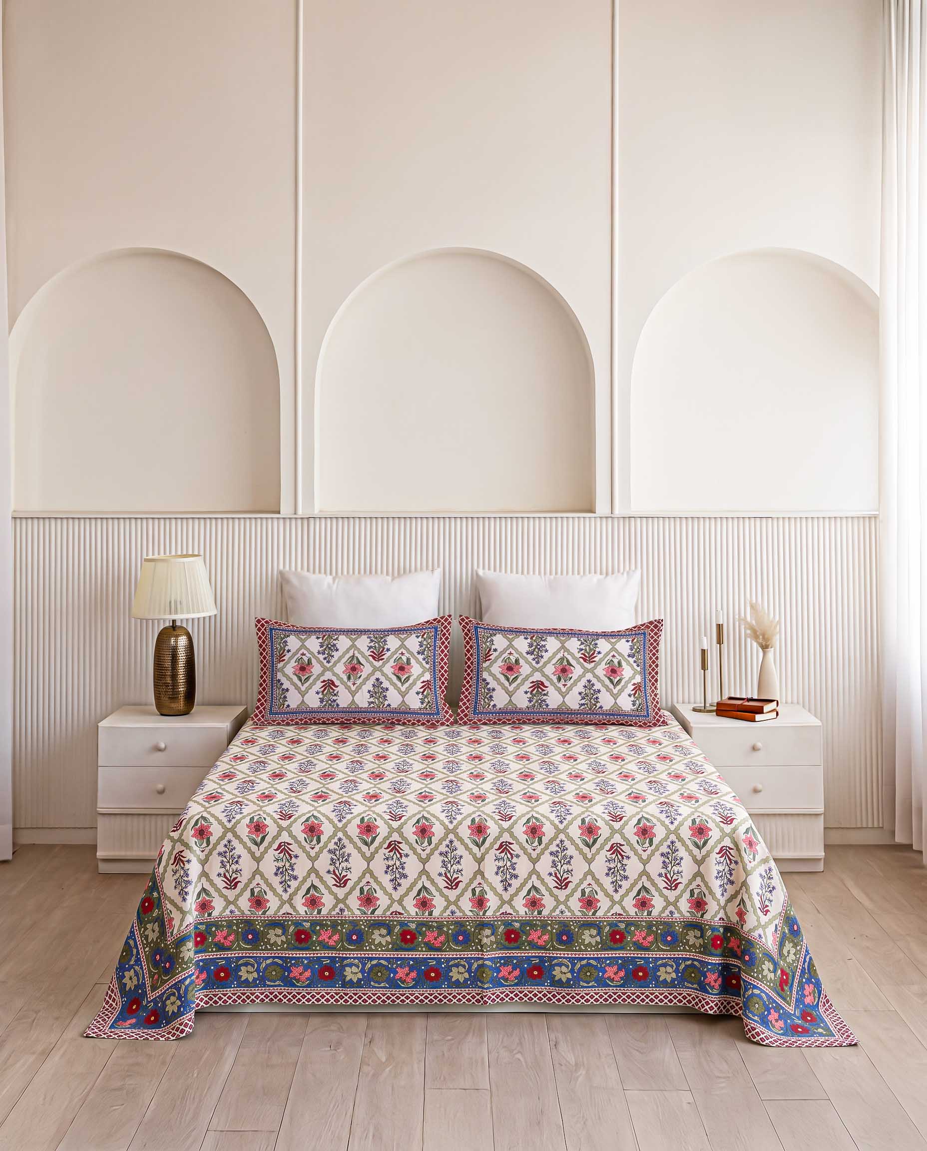 Vibrant Royal Diamond Trellis Hand-Block Printed King Bedsheet