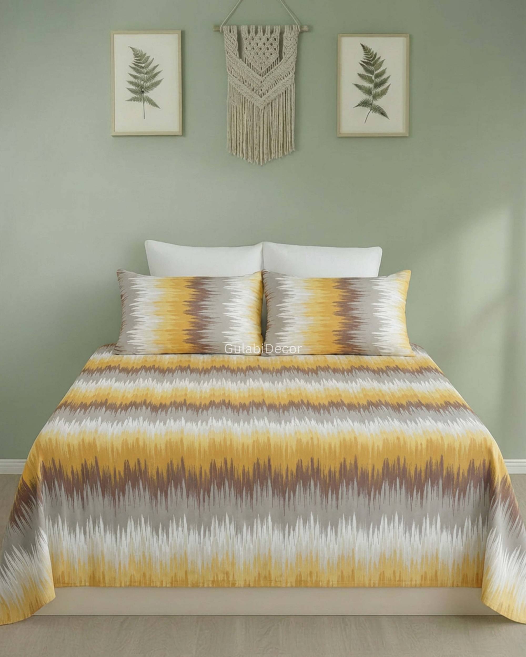 Horizontal Abstract Ikat Zig-Zag Pattern Mustard Yellow, Grey & White King Size Bedsheet