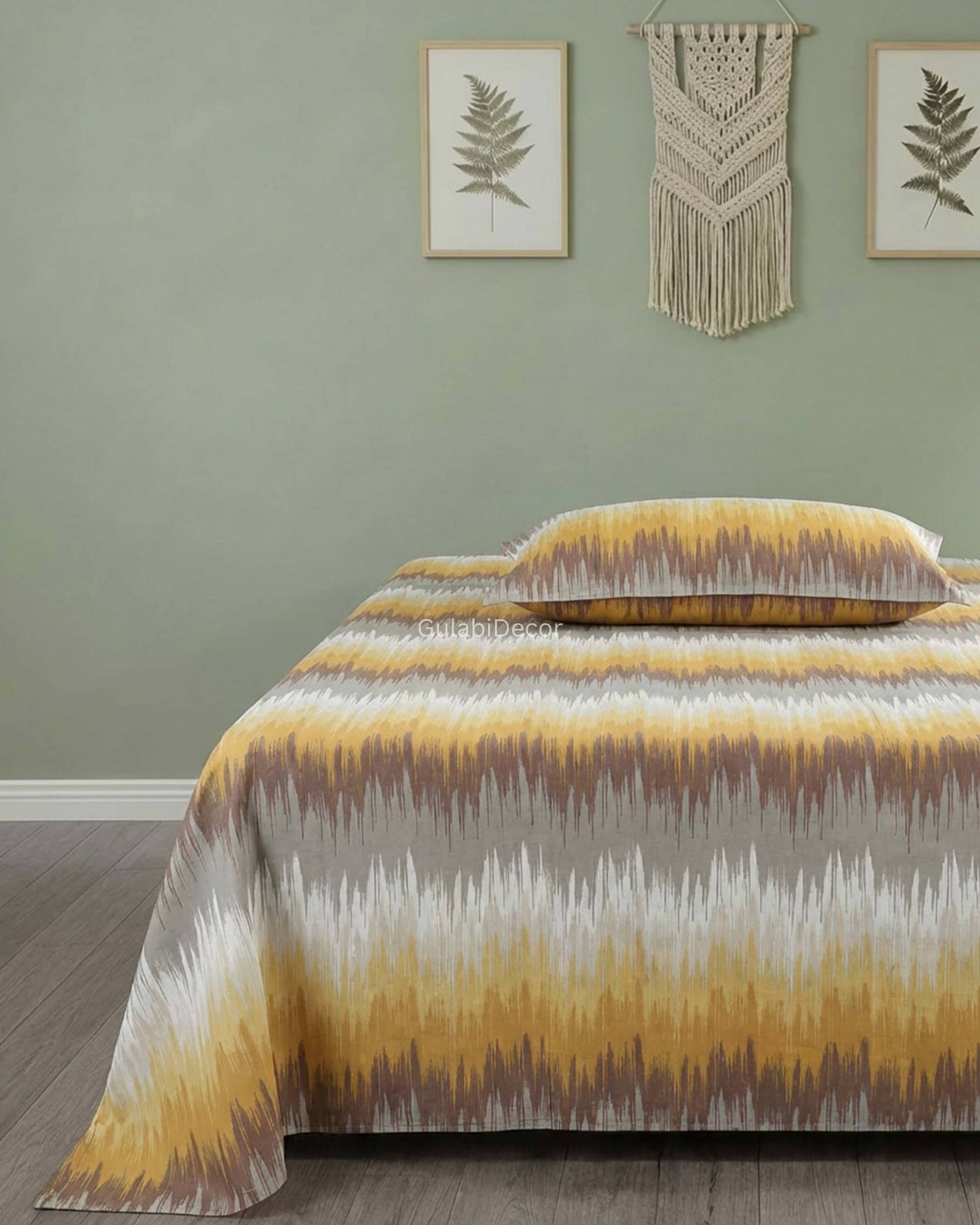 Horizontal Abstract Ikat Zig-Zag Pattern Mustard Yellow, Grey & White King Size Bedsheet