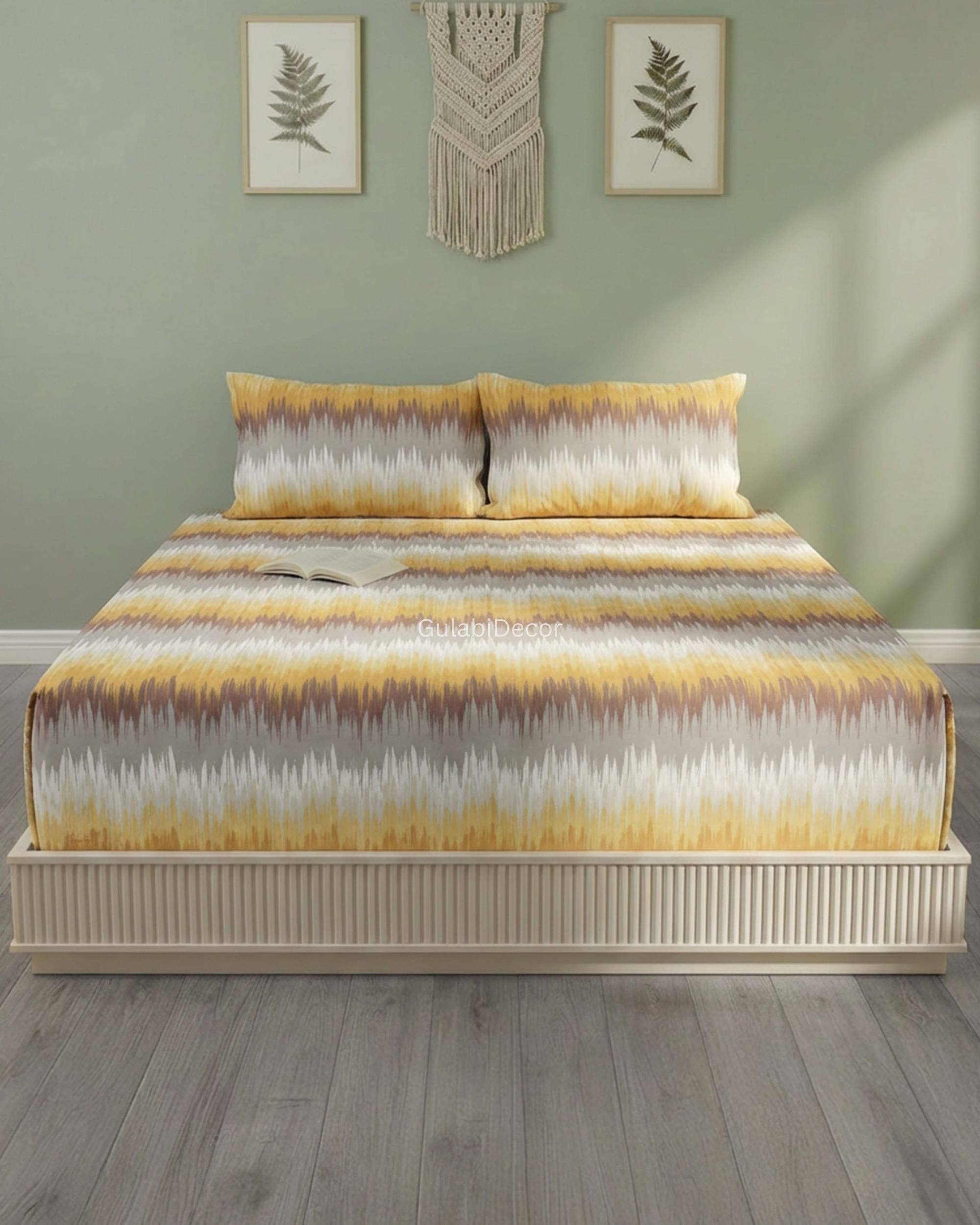 Horizontal Abstract Ikat Zig-Zag Pattern Mustard Yellow, Grey & White King Size Bedsheet
