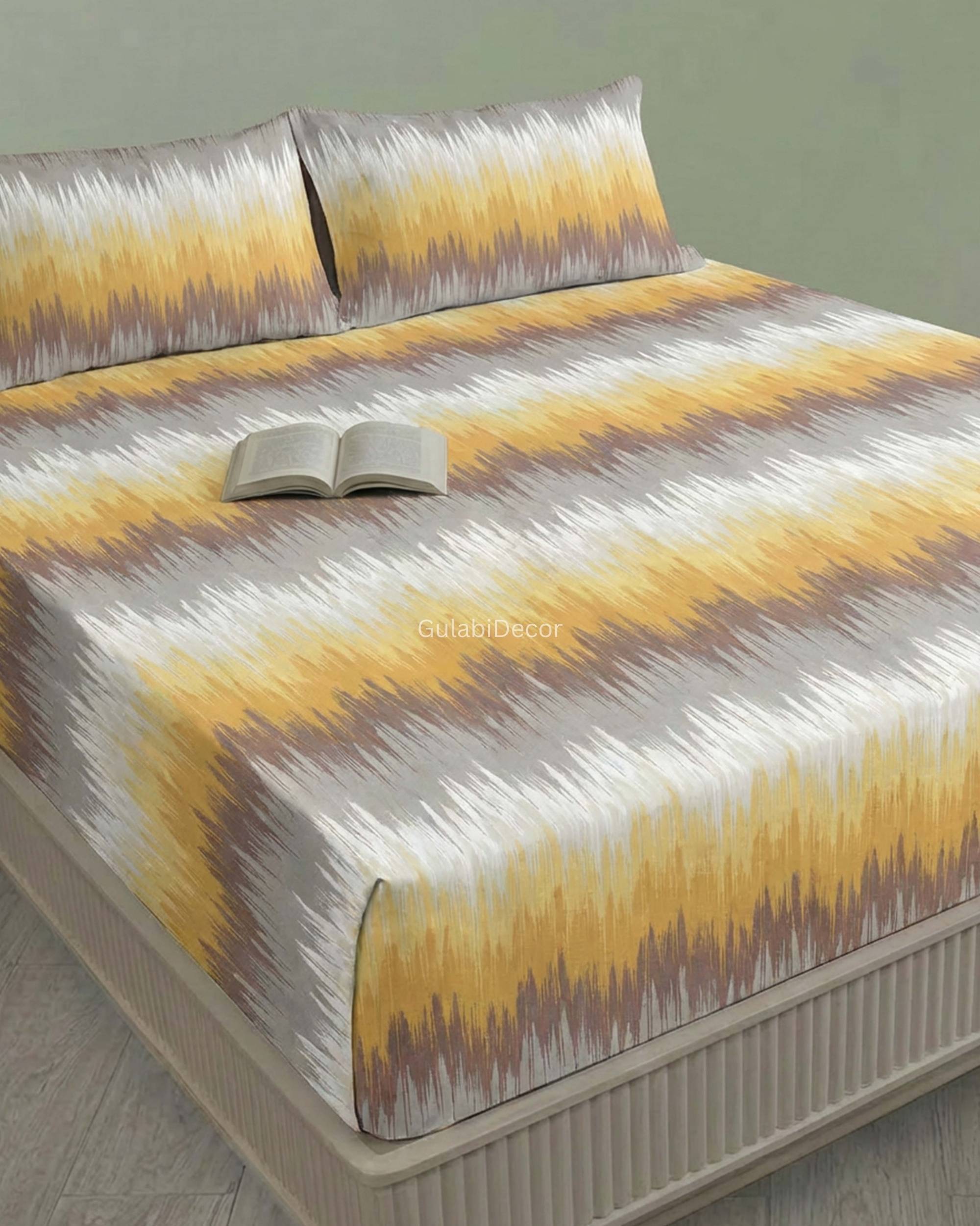 Horizontal Abstract Ikat Zig-Zag Pattern Mustard Yellow, Grey & White King Size Bedsheet