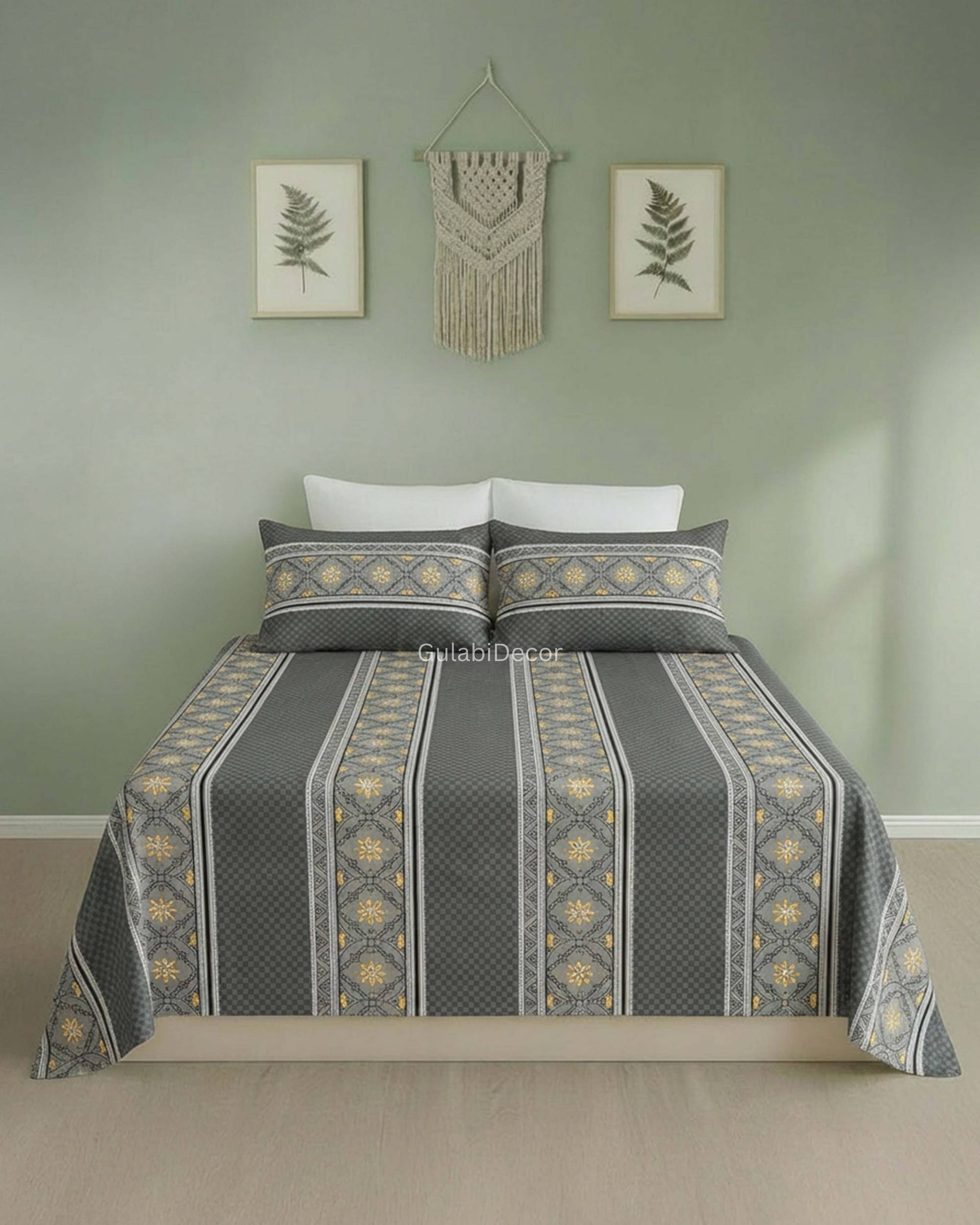 Symmetrical Geometric Lattice Stripe Pattern Slate Grey & Ochre King Size Bedsheet