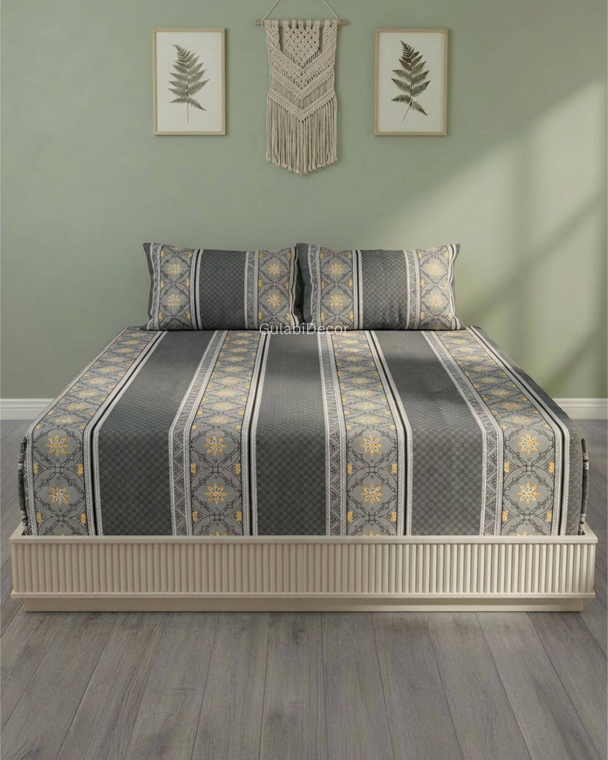 Symmetrical Geometric Lattice Stripe Pattern Slate Grey & Ochre King Size Bedsheet