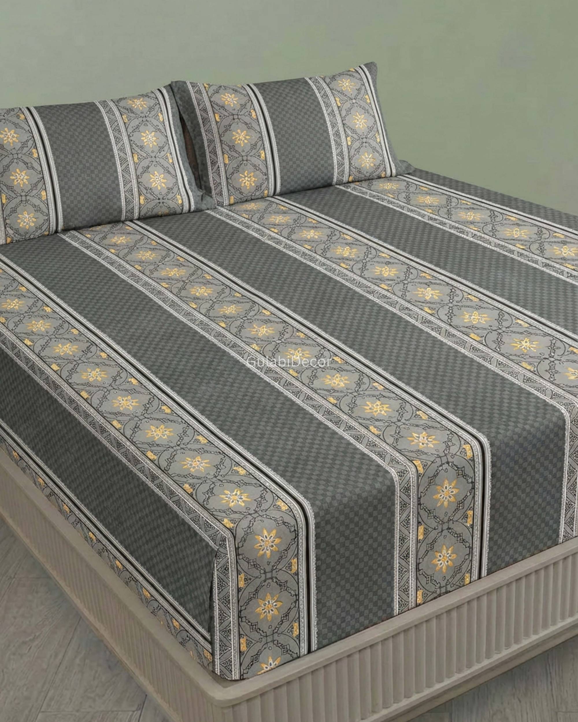 Symmetrical Geometric Lattice Stripe Pattern Slate Grey & Ochre King Size Bedsheet