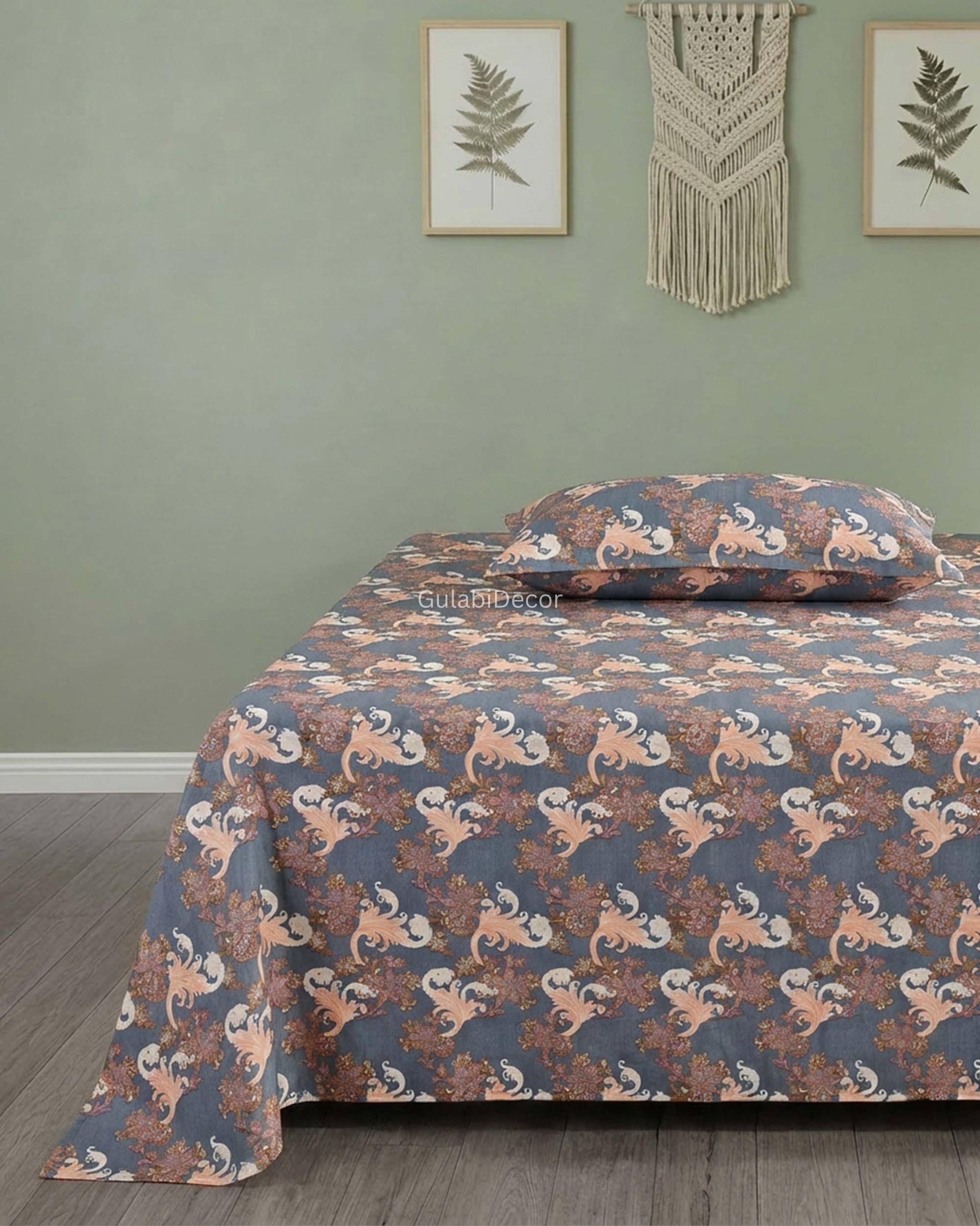 Victorian Baroque Scroll & Floral Damask Pattern Steel Blue & Dusty Rose King Size Bedsheet