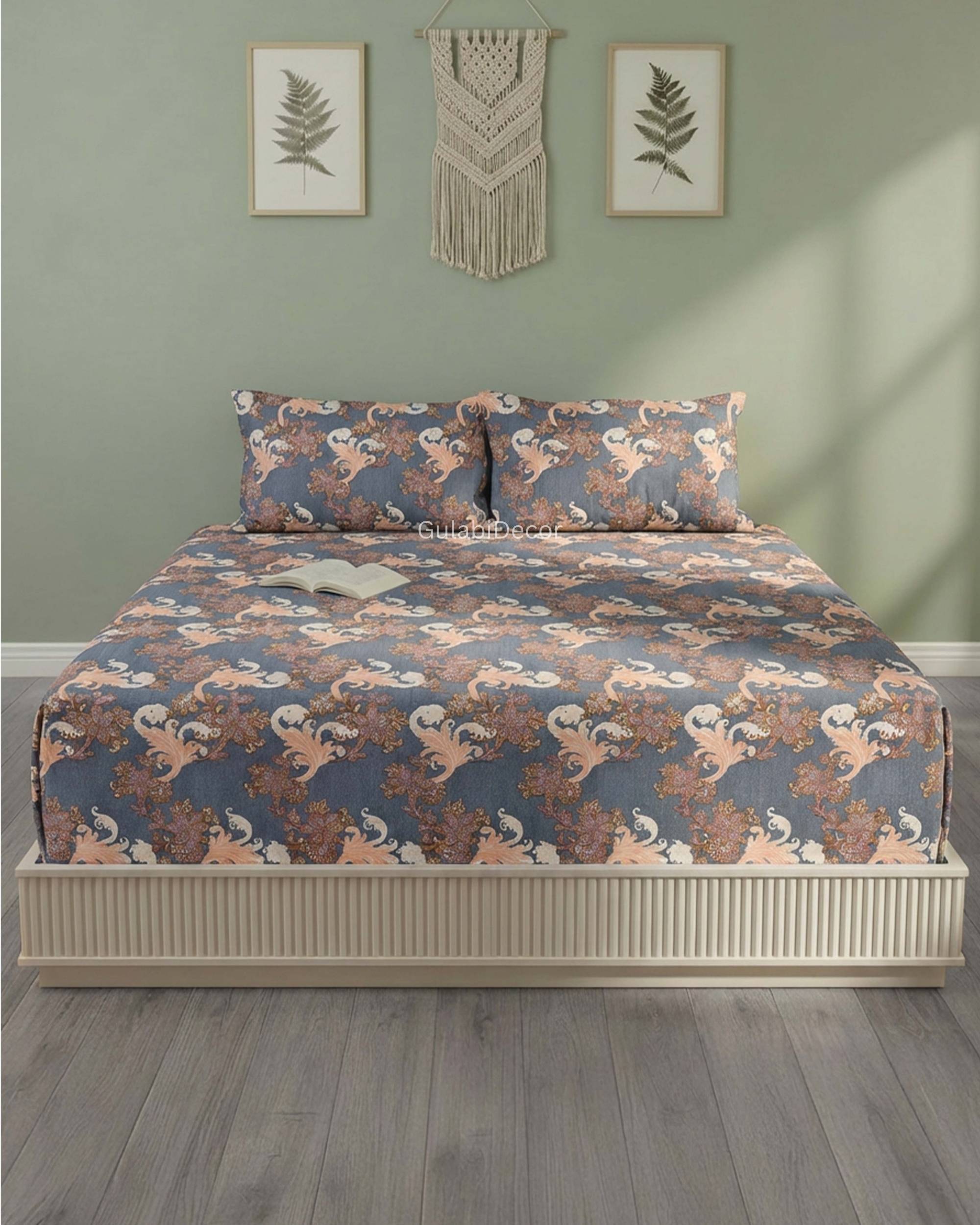 Victorian Baroque Scroll & Floral Damask Pattern Steel Blue & Dusty Rose King Size Bedsheet