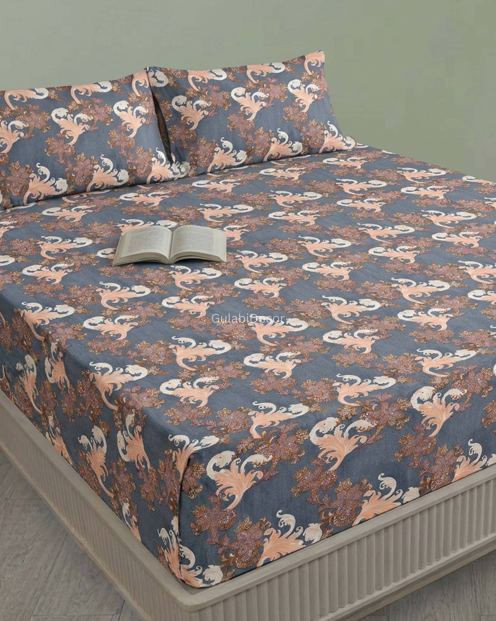 Victorian Baroque Scroll & Floral Damask Pattern Steel Blue & Dusty Rose King Size Bedsheet