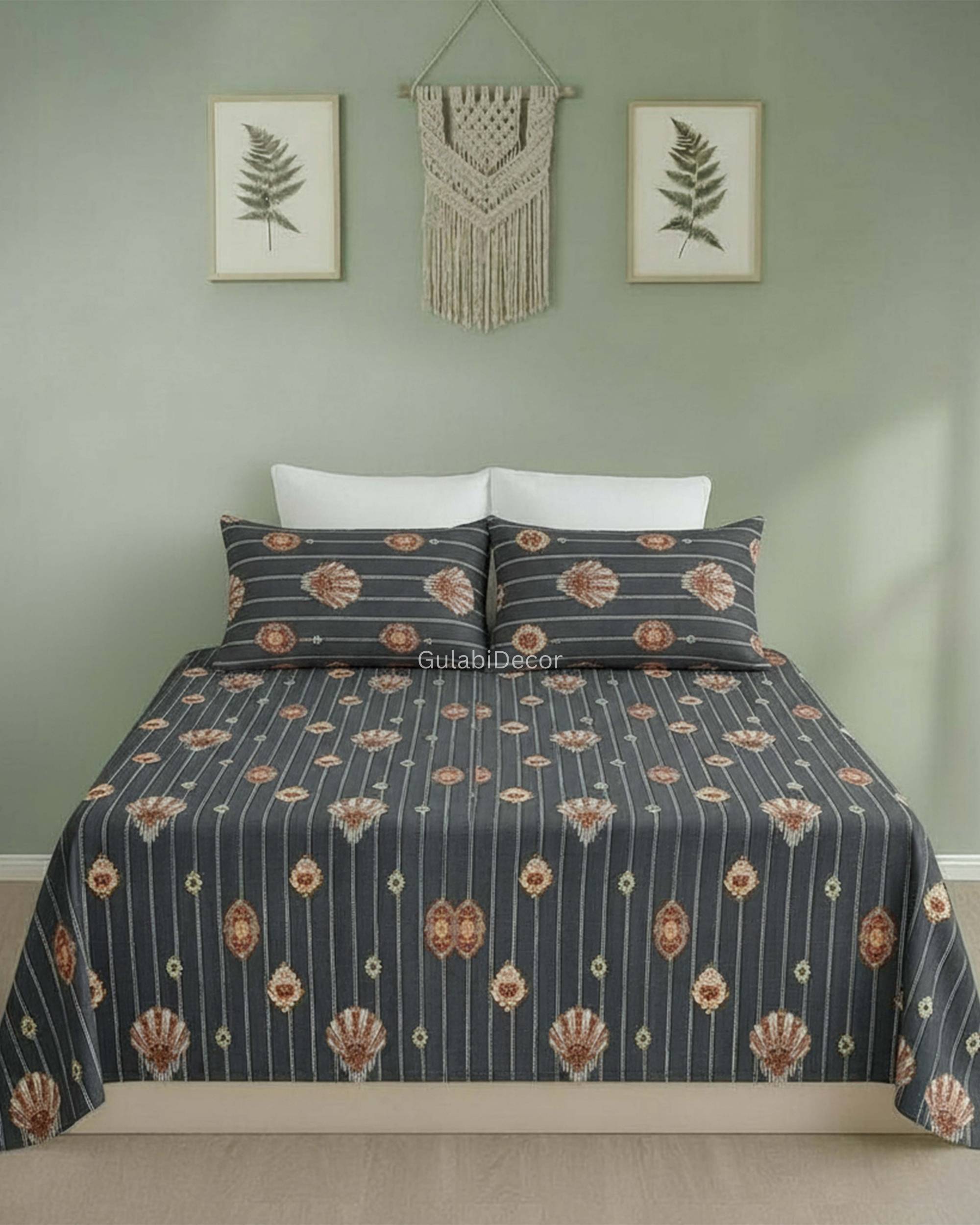 Vertical Pinstripe with Ornate Medallion Accents Charcoal Grey & Copper King Size Bedsheet