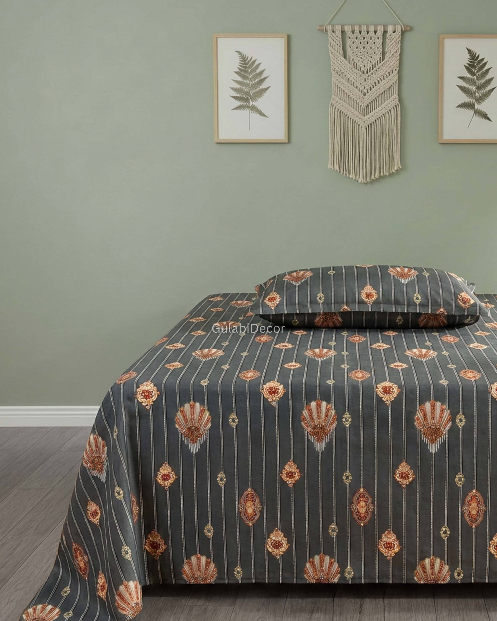 Vertical Pinstripe with Ornate Medallion Accents Charcoal Grey & Copper King Size Bedsheet