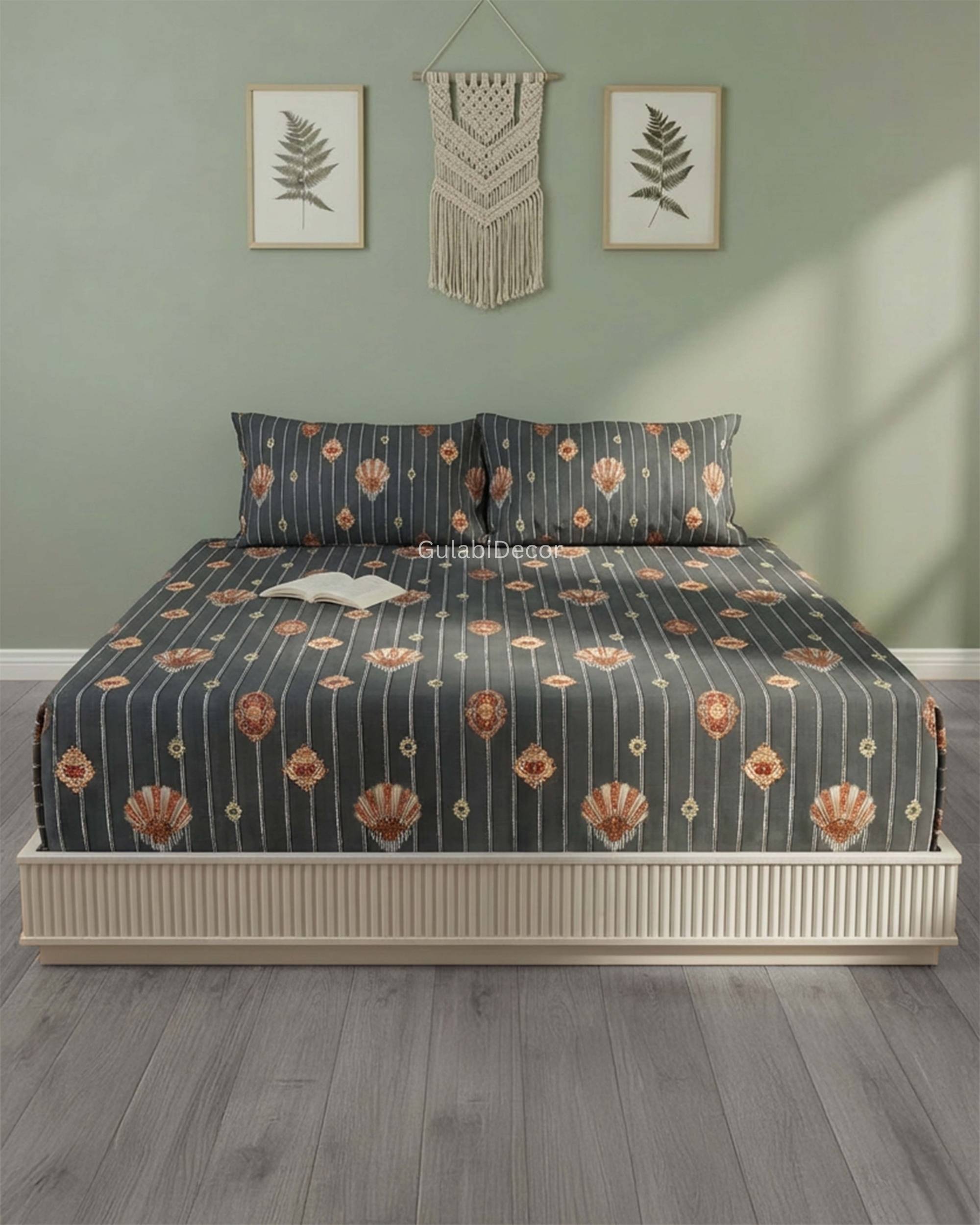 Vertical Pinstripe with Ornate Medallion Accents Charcoal Grey & Copper King Size Bedsheet