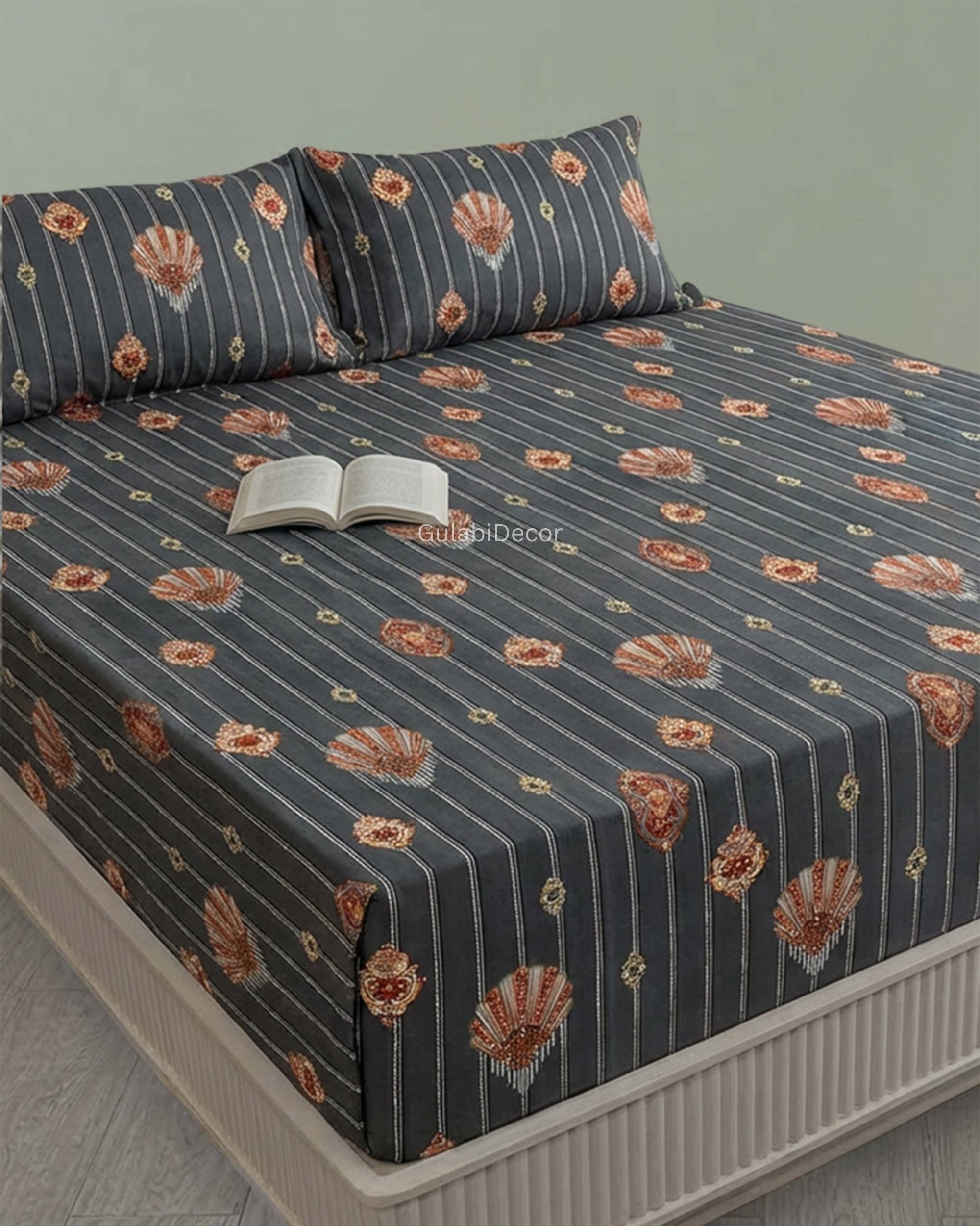Vertical Pinstripe with Ornate Medallion Accents Charcoal Grey & Copper King Size Bedsheet