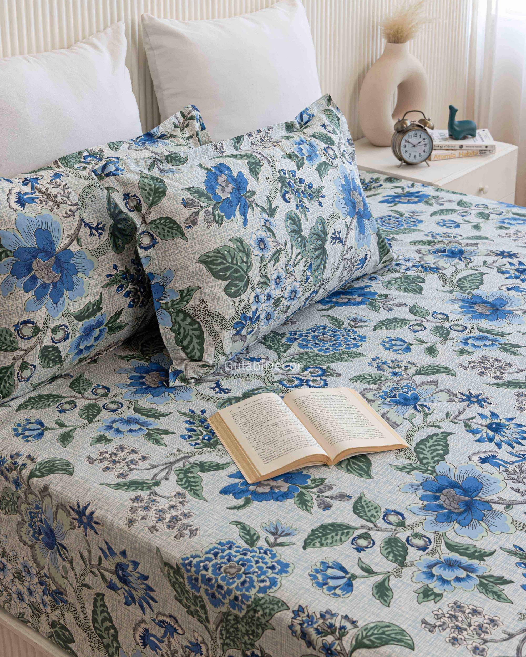 Vintage Botanical Meadow Pattern Powder Blue & Sage Green King Size Bedsheet