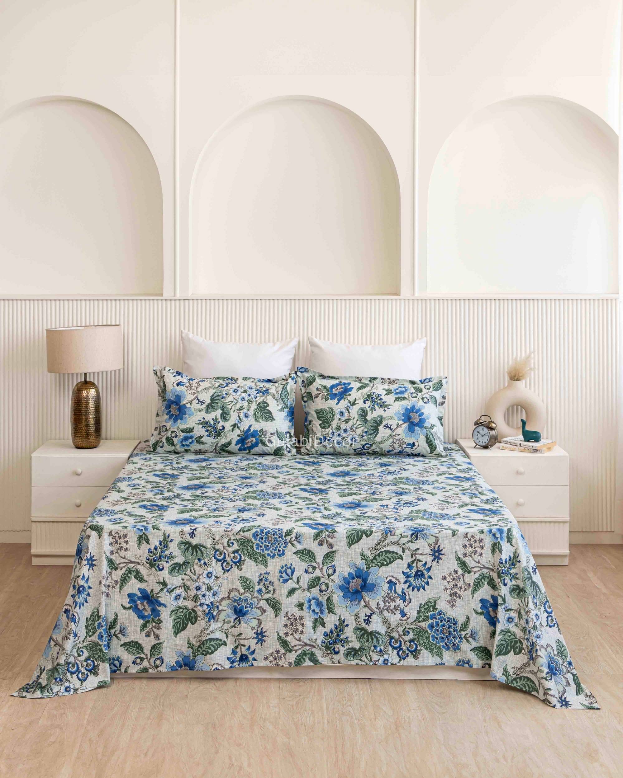 Vintage Botanical Meadow Pattern Powder Blue & Sage Green King Size Bedsheet