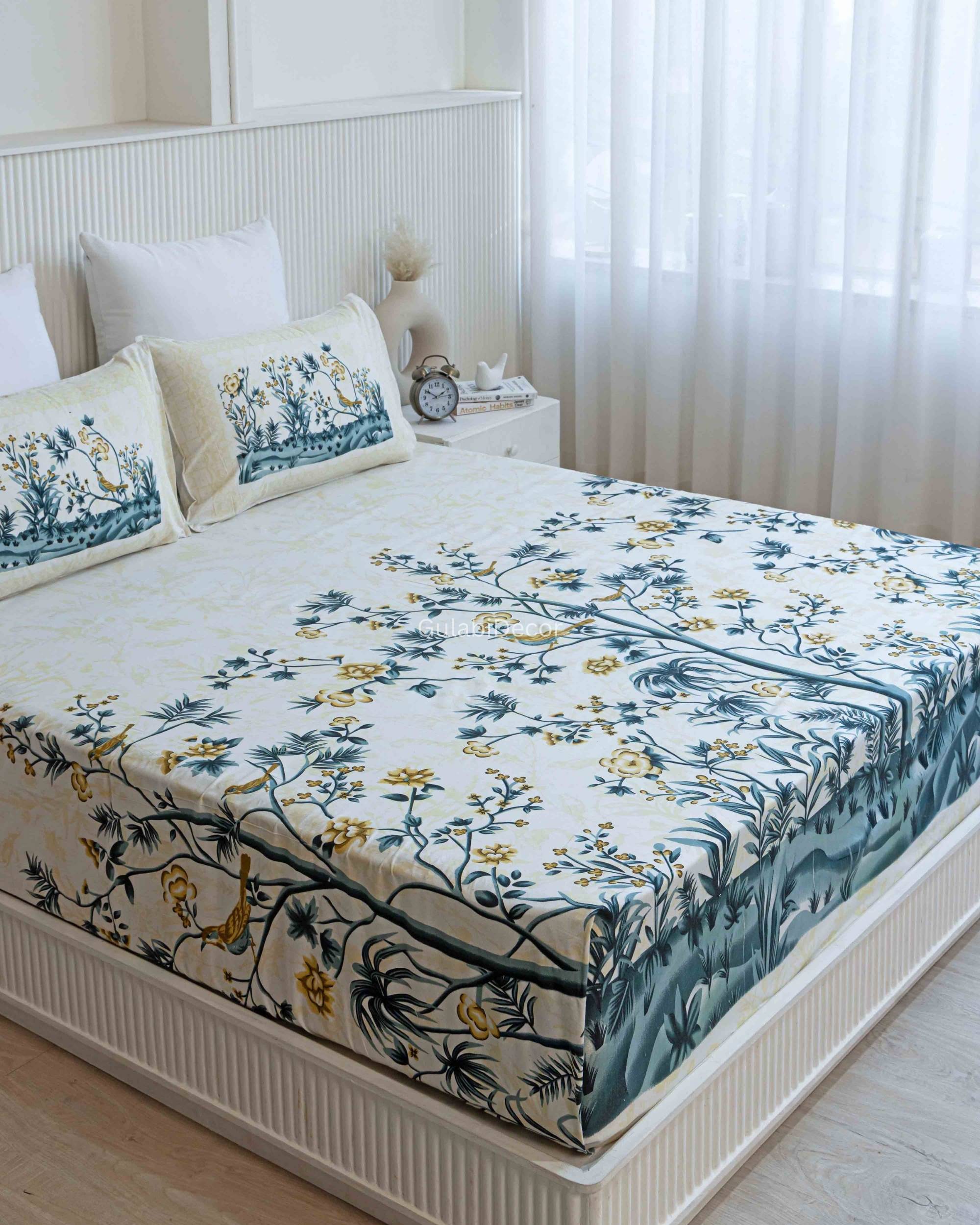 Traditional Mughal-Inspired Floral Branch Pattern Cream & Teal Green King Size Bedsheet