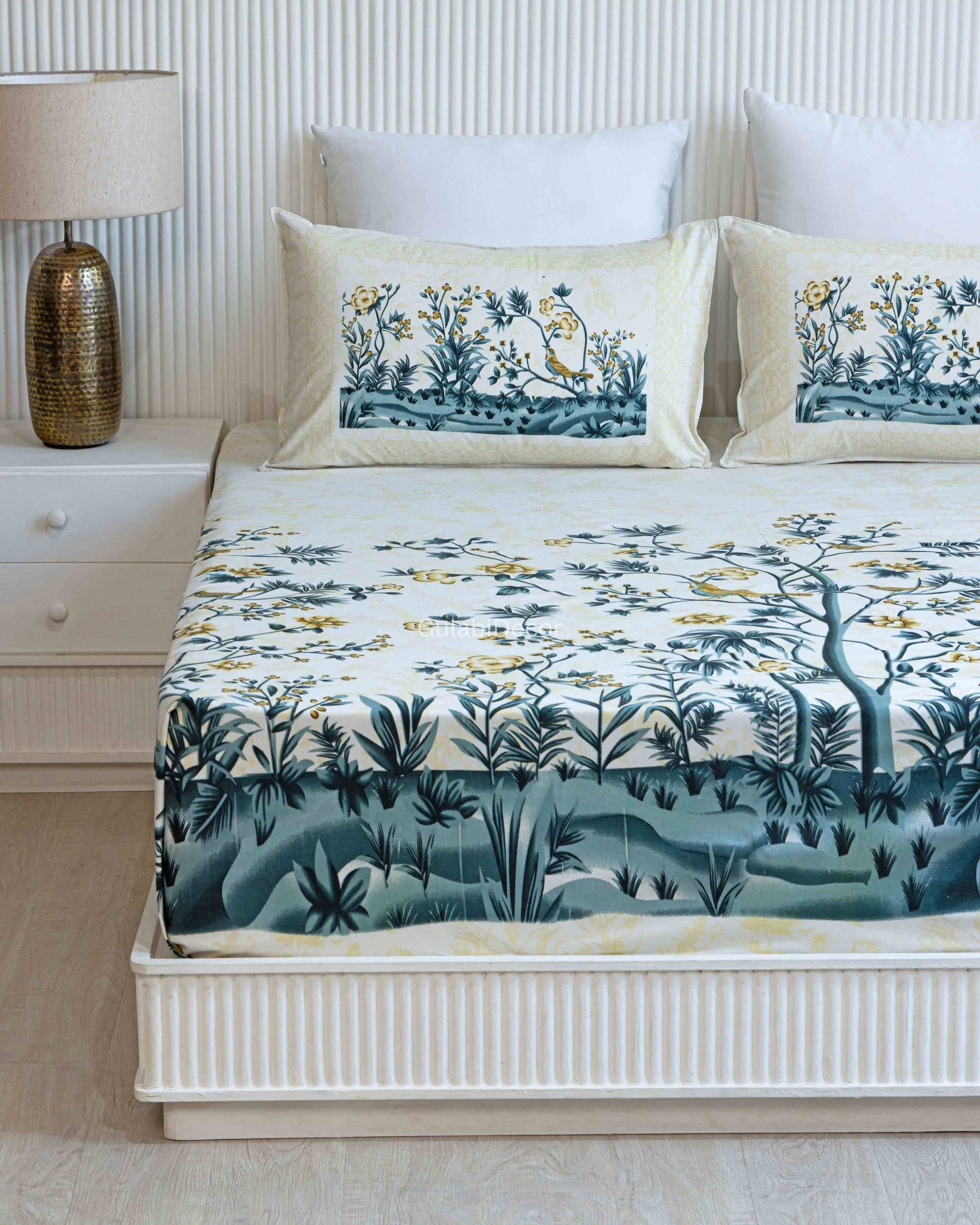 Traditional Mughal-Inspired Floral Branch Pattern Cream & Teal Green King Size Bedsheet