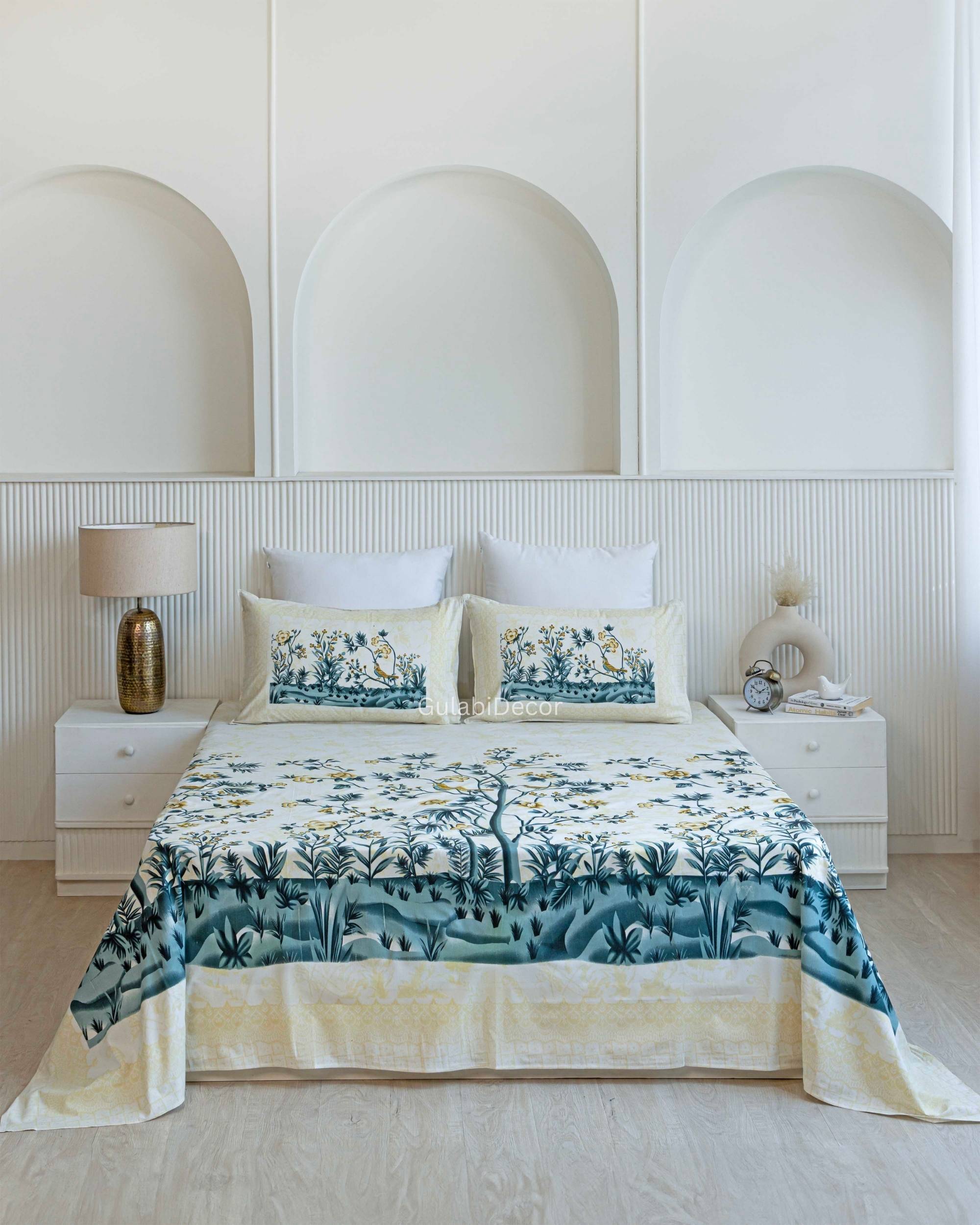 Traditional Mughal-Inspired Floral Branch Pattern Cream & Teal Green King Size Bedsheet