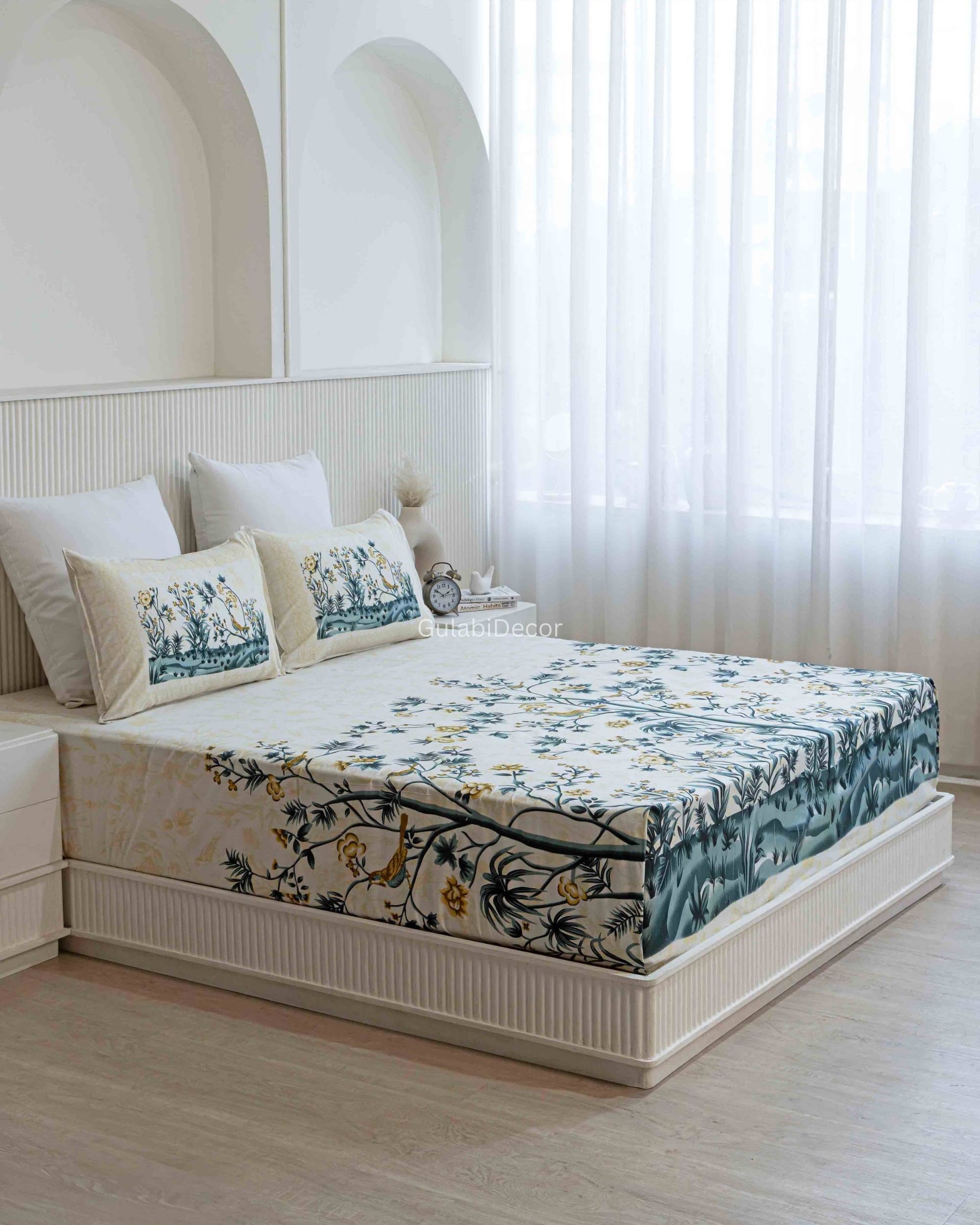 Traditional Mughal-Inspired Floral Branch Pattern Cream & Teal Green King Size Bedsheet