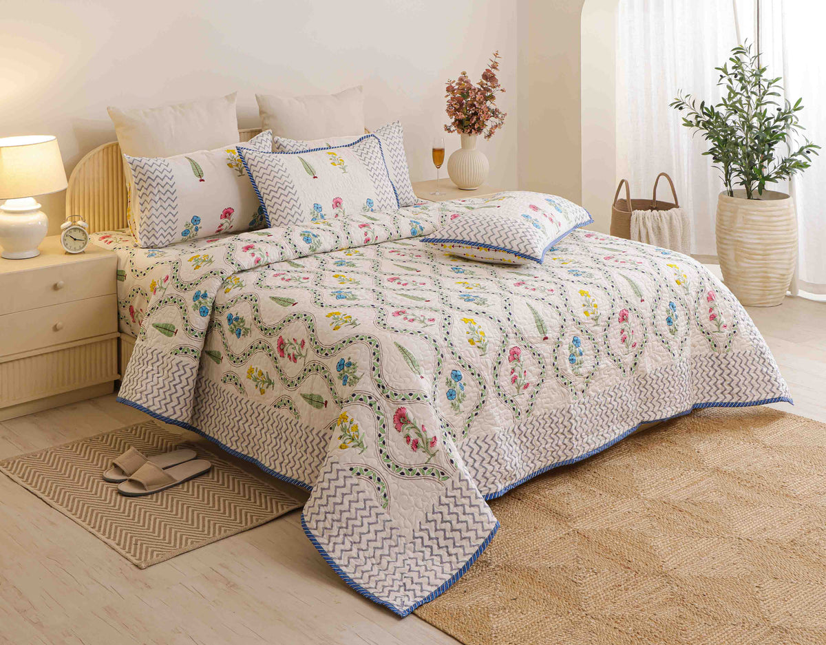 The Garden Trellis Pink & Blue Floral Ogee Block-Printed Cotton Bedspread with 2 Pillow Covers