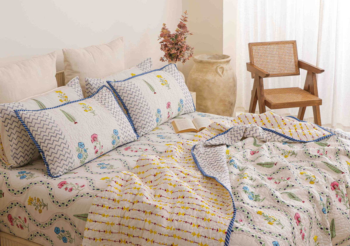The Garden Trellis Pink & Blue Floral Ogee Block-Printed Cotton Bedspread & Sheet Suite