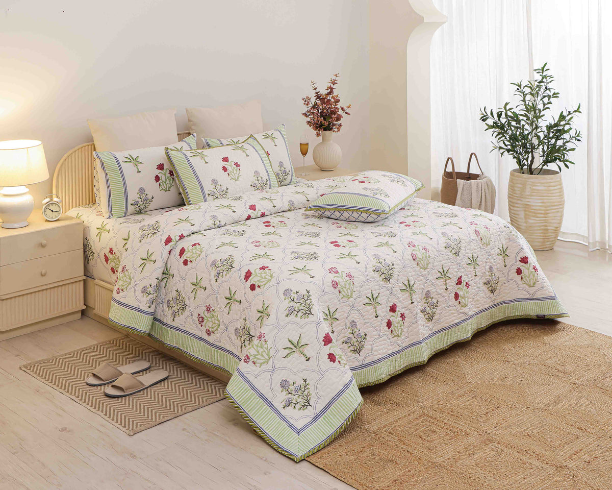 The Palm Court Crimson & Sage Floral Block-Printed Cotton Bedspread with 2 Pillow Covers