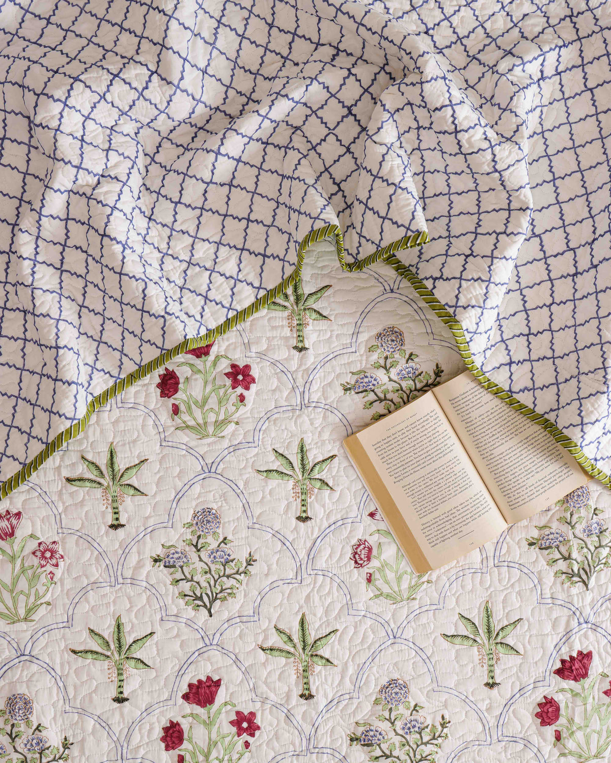 The Palm Court Crimson & Sage Floral Block-Printed Cotton Bedspread with 2 Pillow Covers