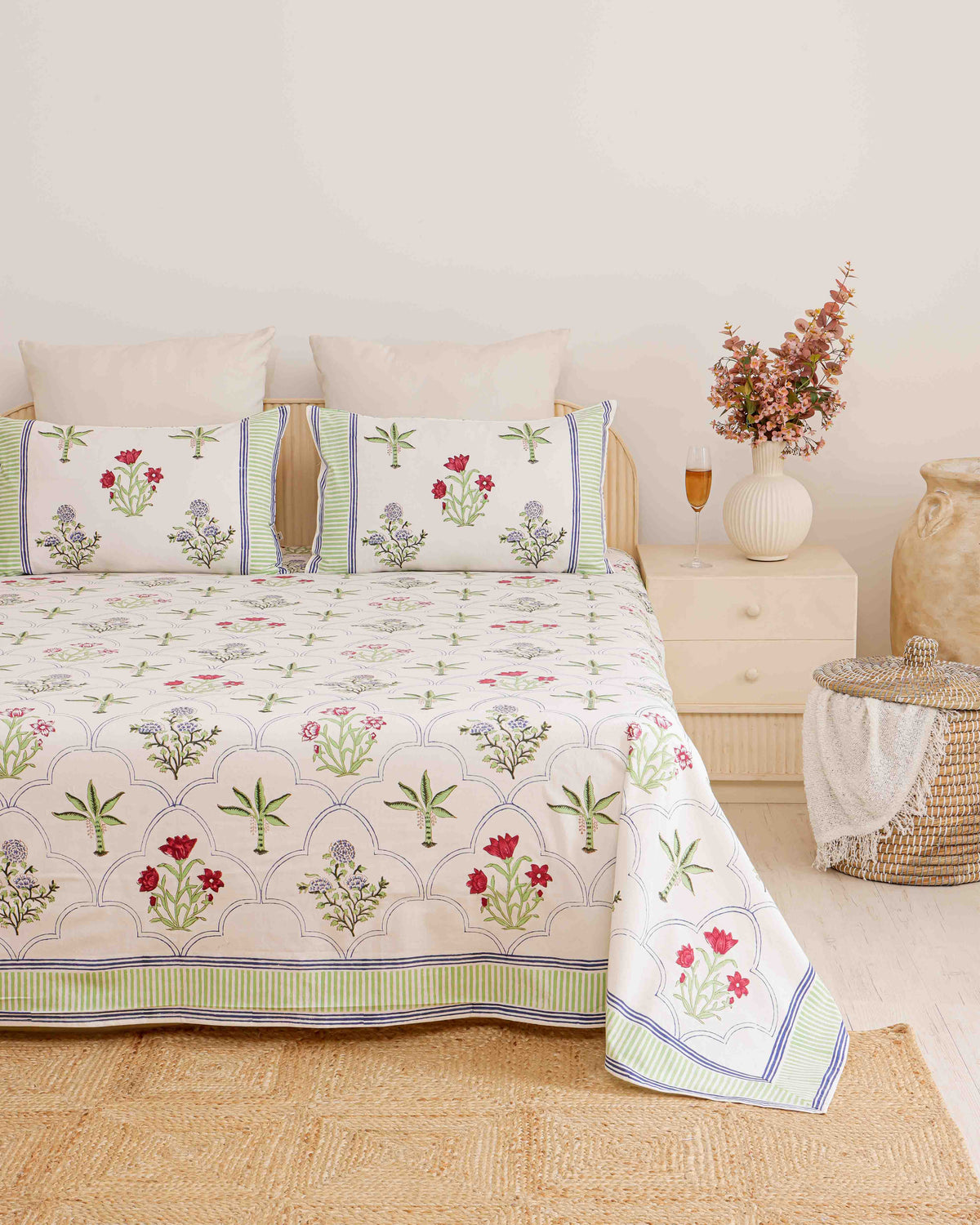 The Palm Court Crimson & Sage Floral Block-Printed Cotton Bedspread & Sheet Suite