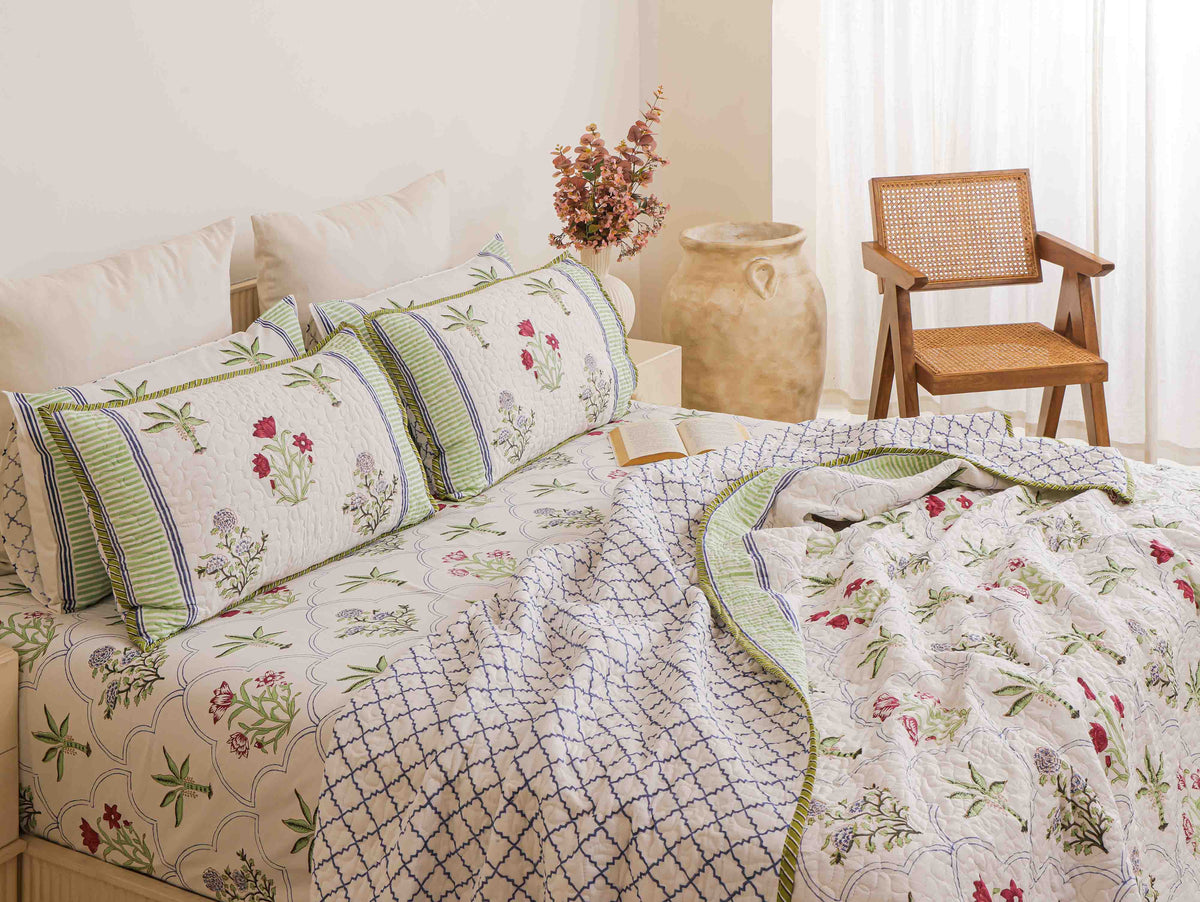 The Palm Court Crimson & Sage Floral Block-Printed Cotton Bedspread & Sheet Suite
