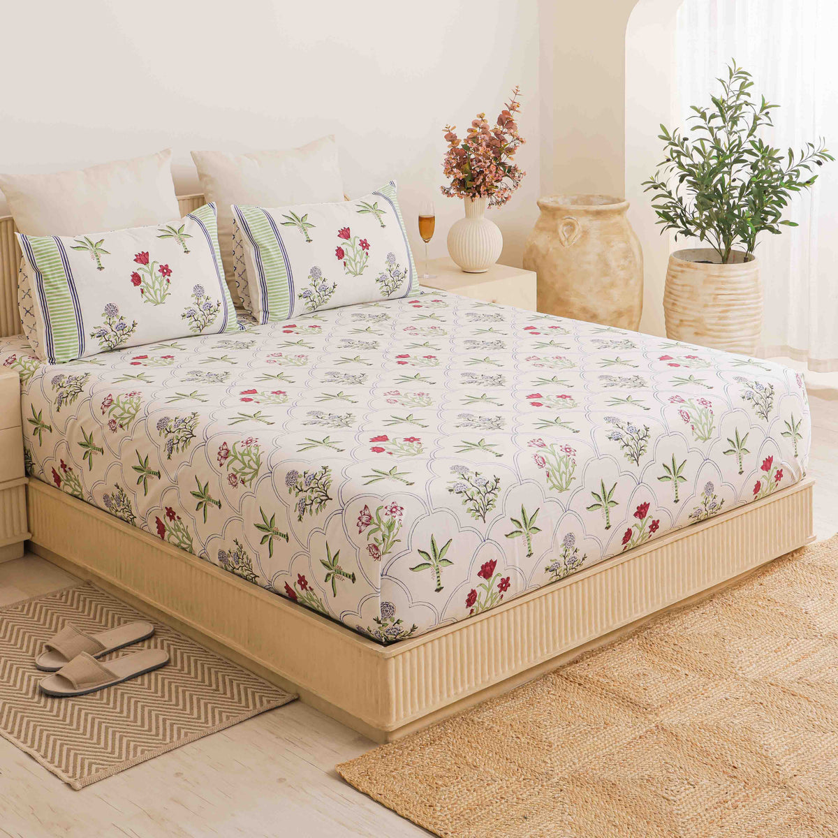 The Palm Court Crimson & Sage Floral Block-Printed Cotton Bedspread & Sheet Suite