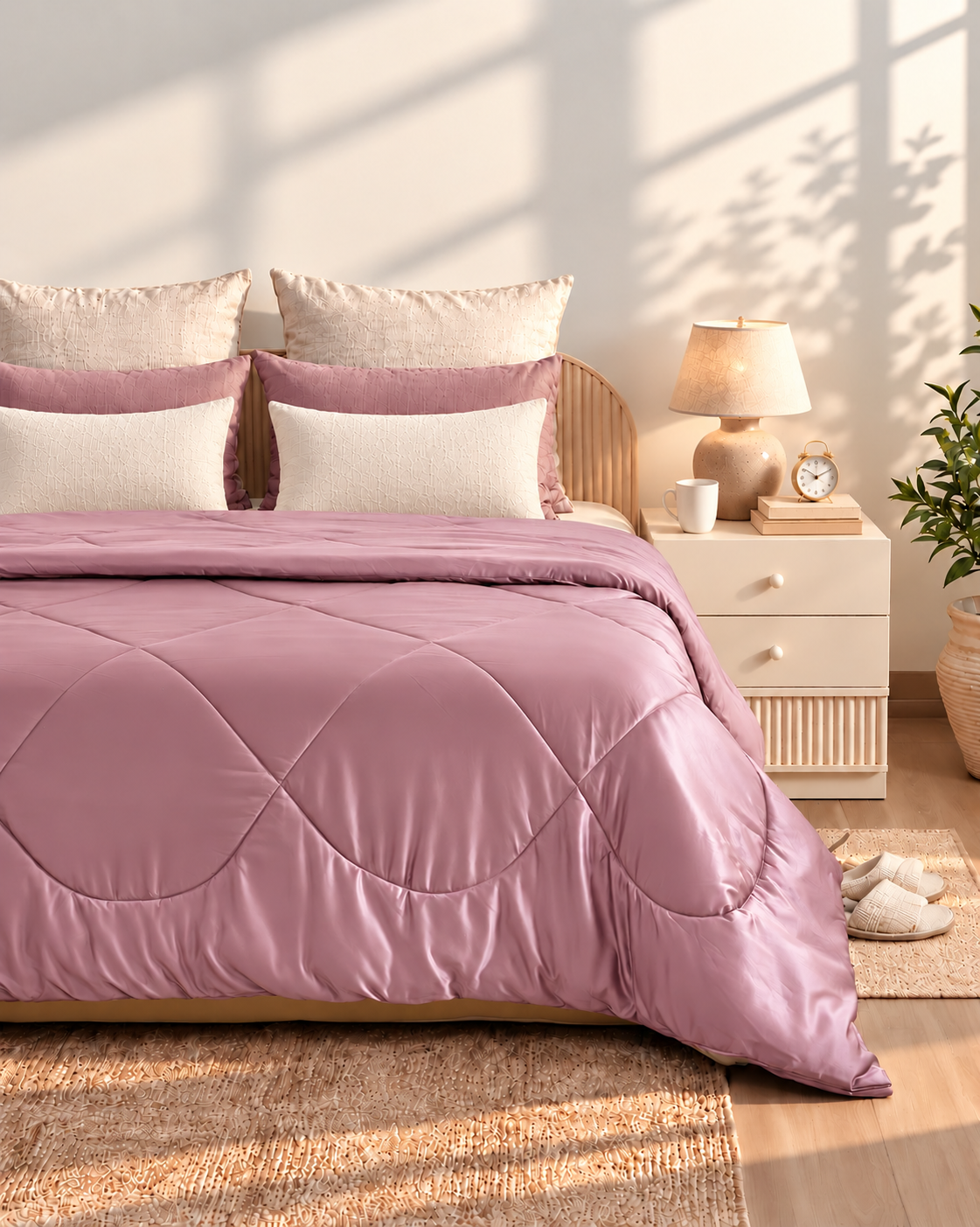 Rose Quartz Satin Bedsheet & Blush Pink Satin Comforter Combo