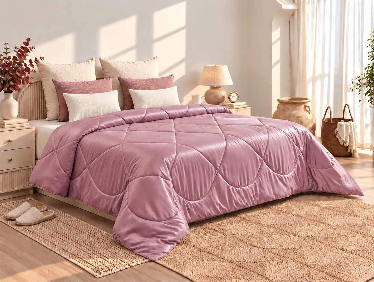 Rose Quartz Satin Bedsheet & Blush Pink Satin Comforter Combo