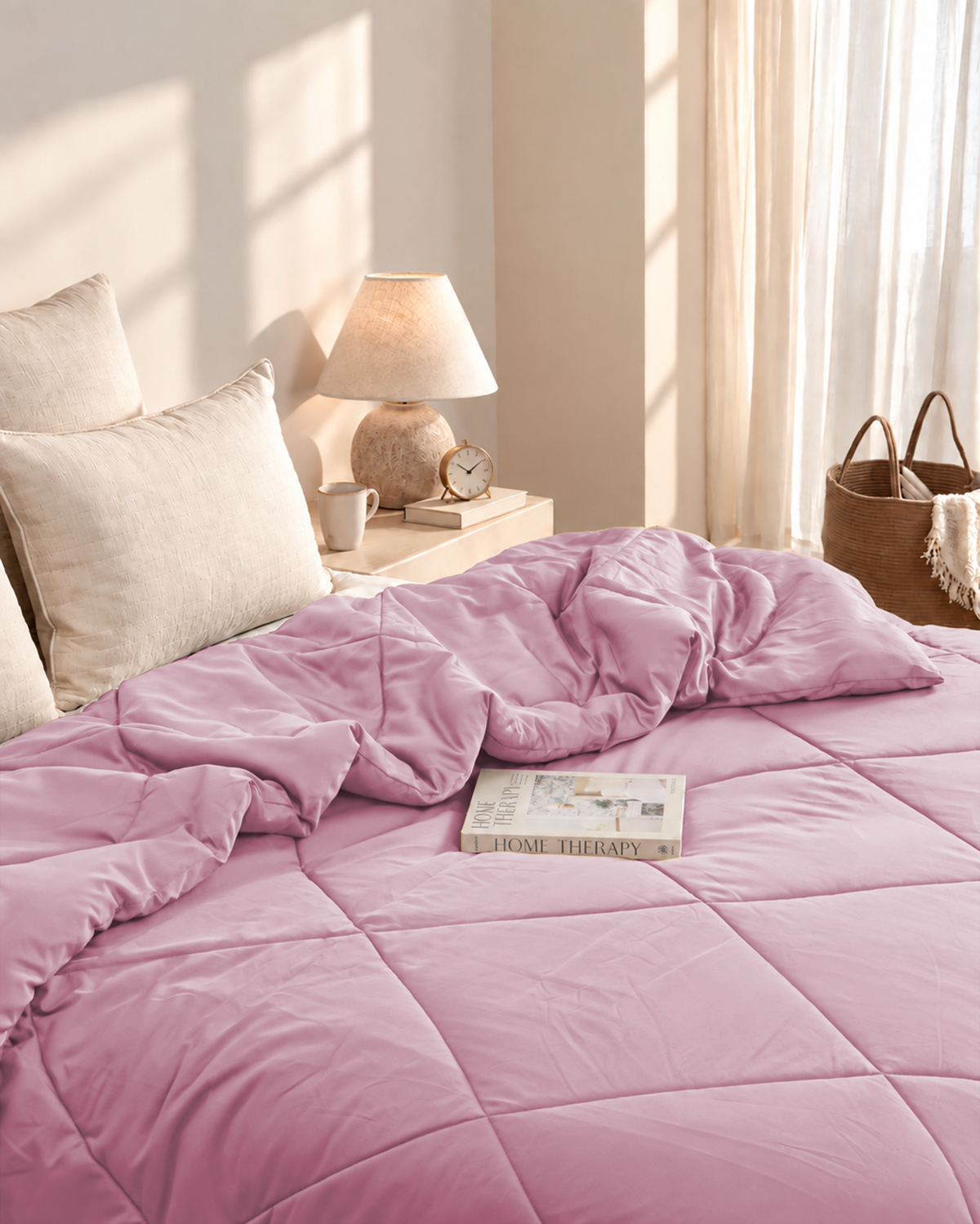 Rose Quartz Satin Bedsheet & Blush Pink Satin Comforter Combo
