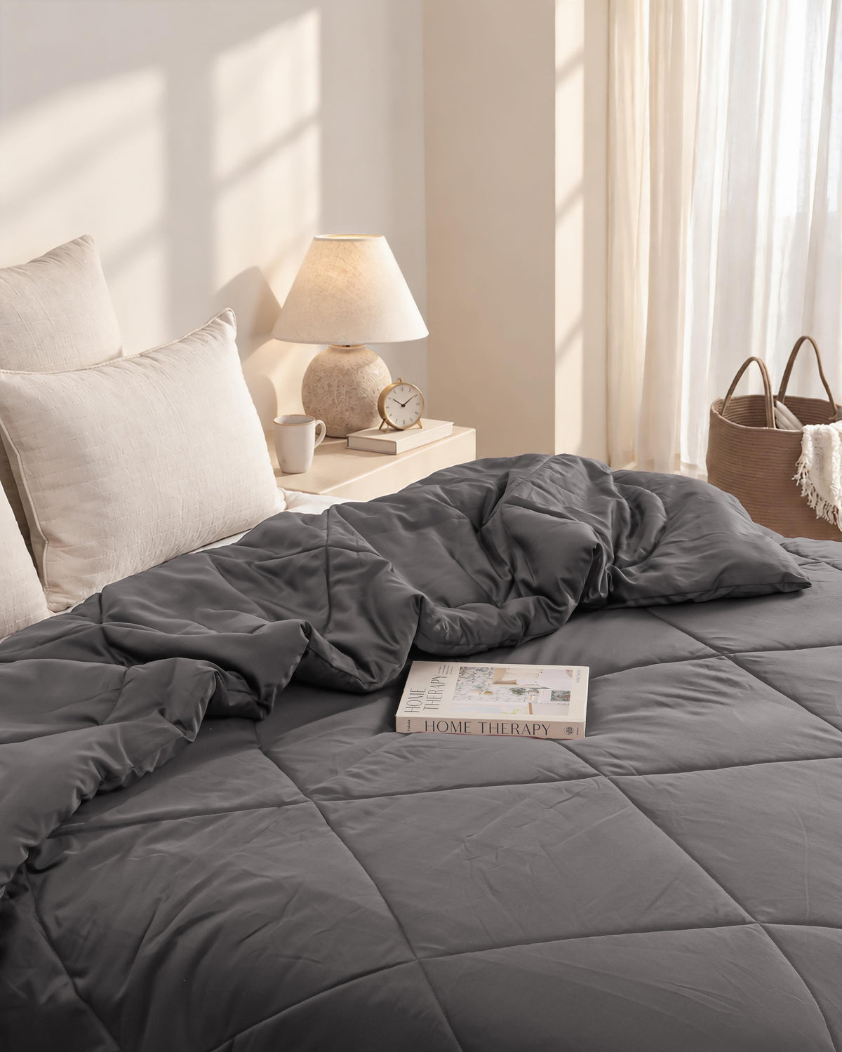 Charcoal Slate Satin Bedsheet & Charcoal Grey Satin Comforter Combo