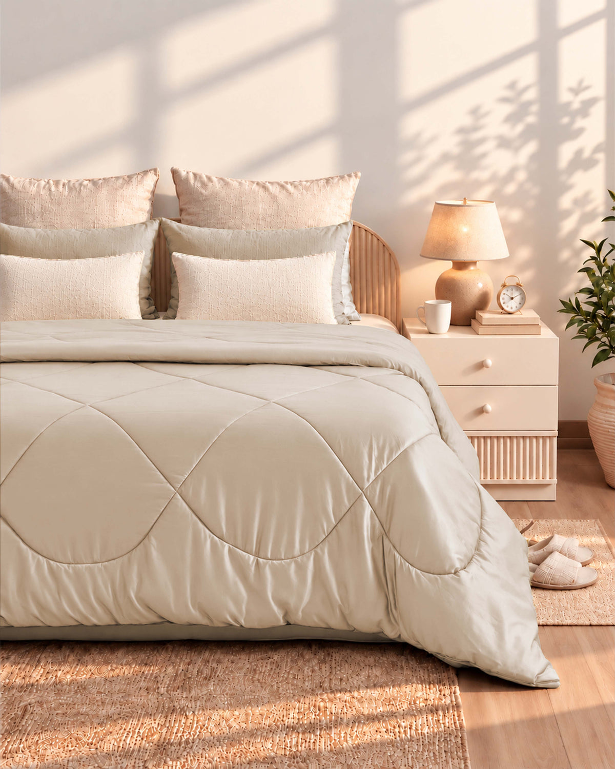 Pearl Champagne Satin Bedsheet & Ivory Satin Comforter Combo
