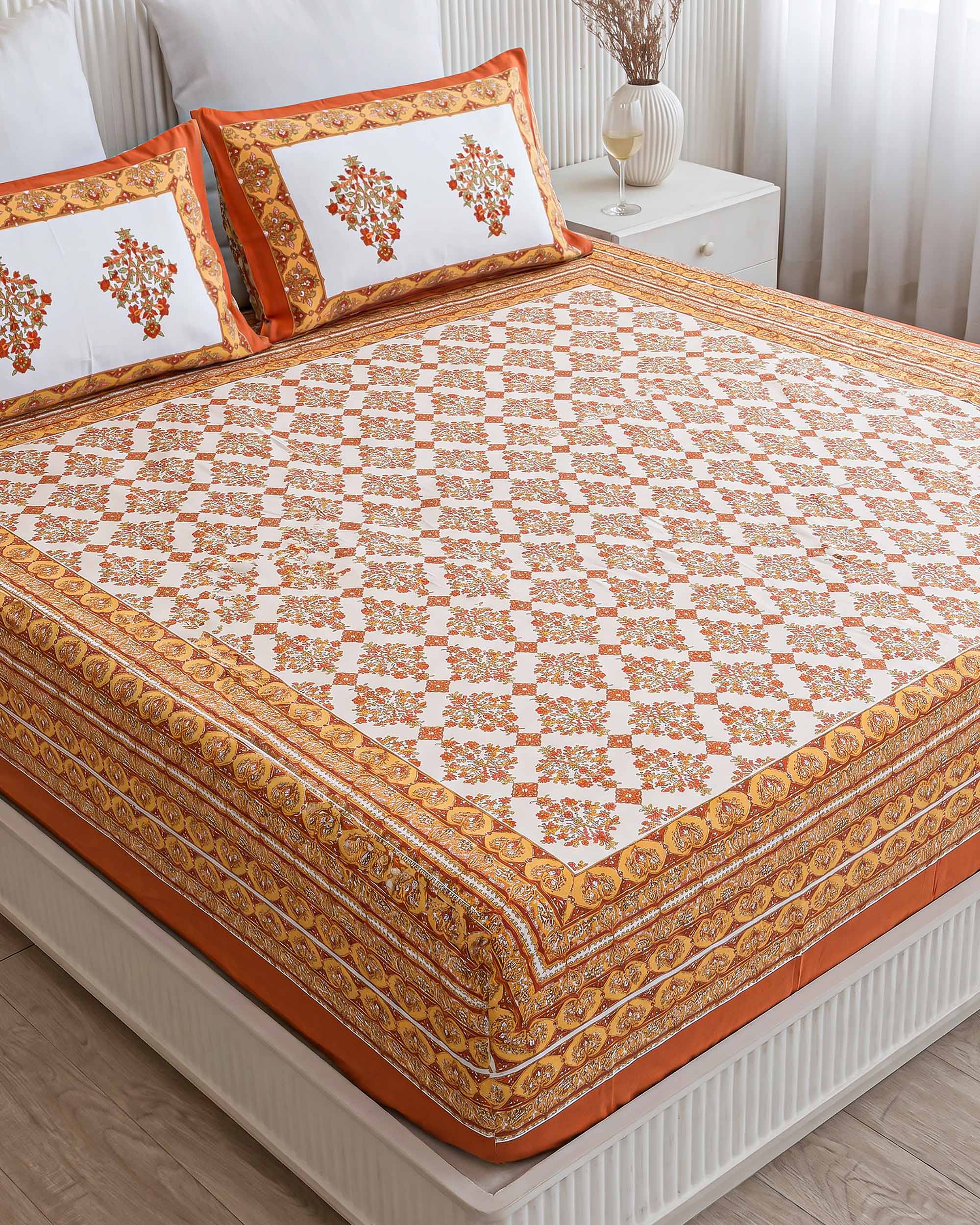 Kesar Avani Lattice Hand-Block Printed Pure Cotton Super King Size Bedsheet
