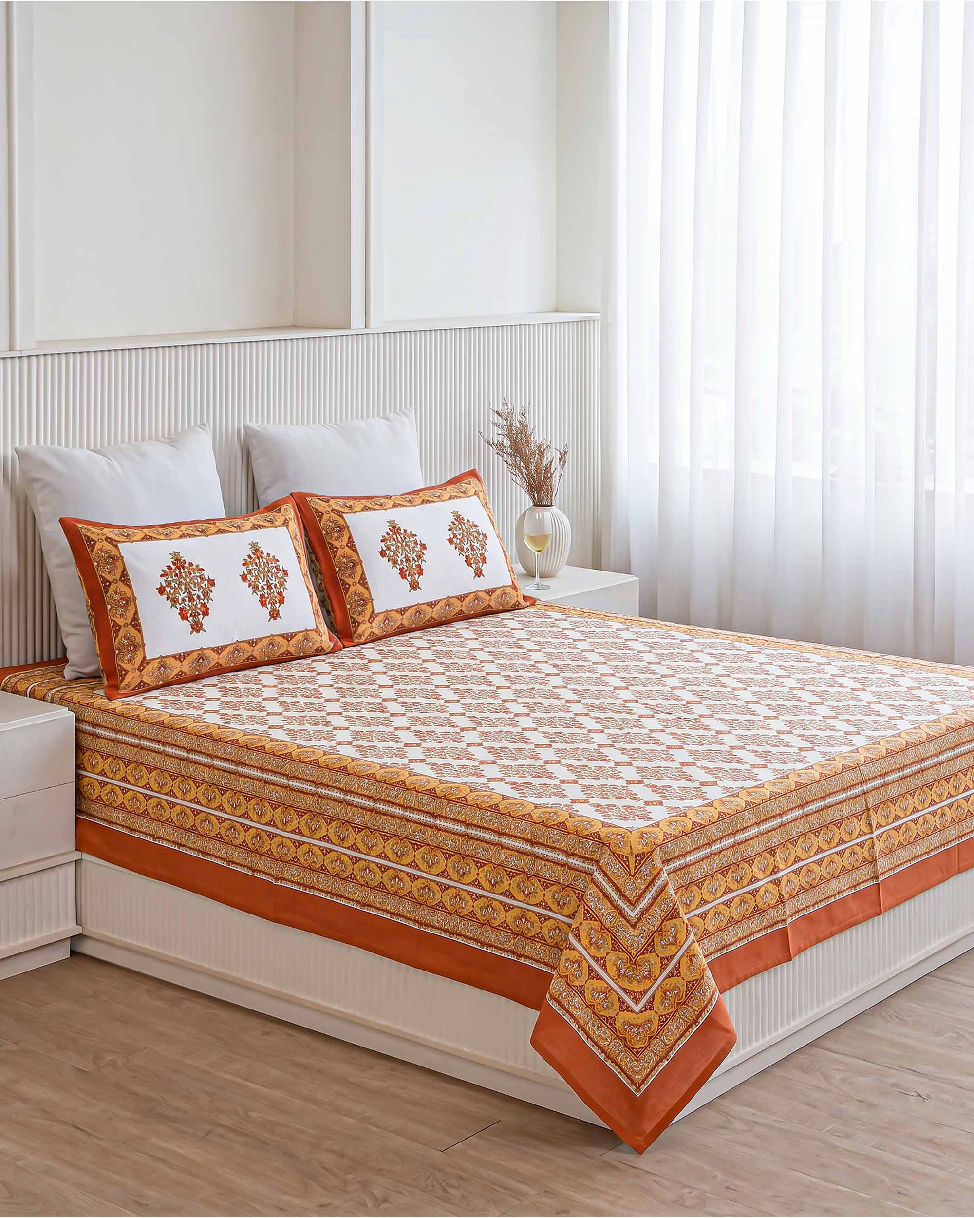 Kesar Avani Lattice Hand-Block Printed Pure Cotton Super King Size Bedsheet