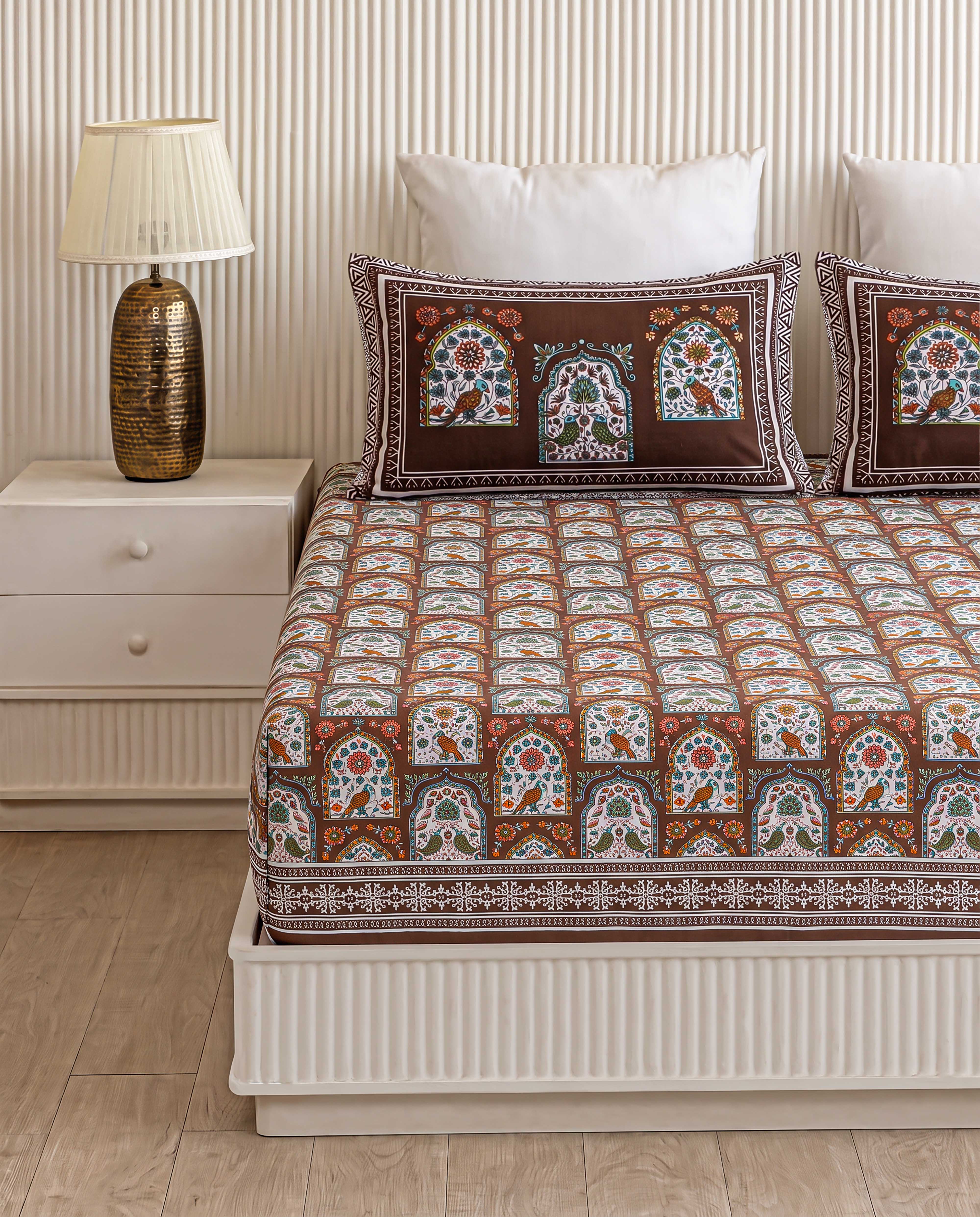 Imperial Jharokha Birds & Arch Hand-Block Printed Super King Bedsheet