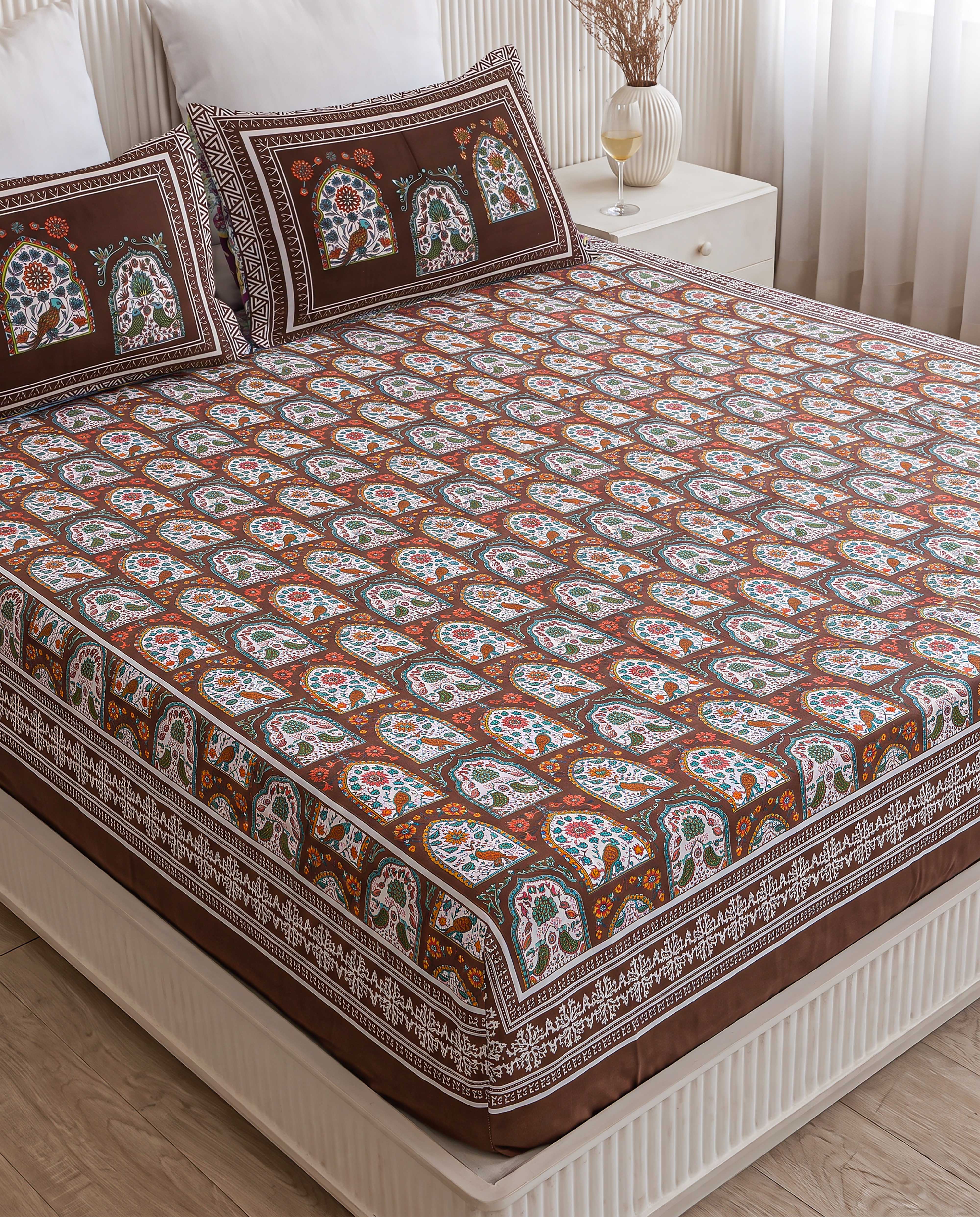Imperial Jharokha Birds & Arch Hand-Block Printed Super King Bedsheet