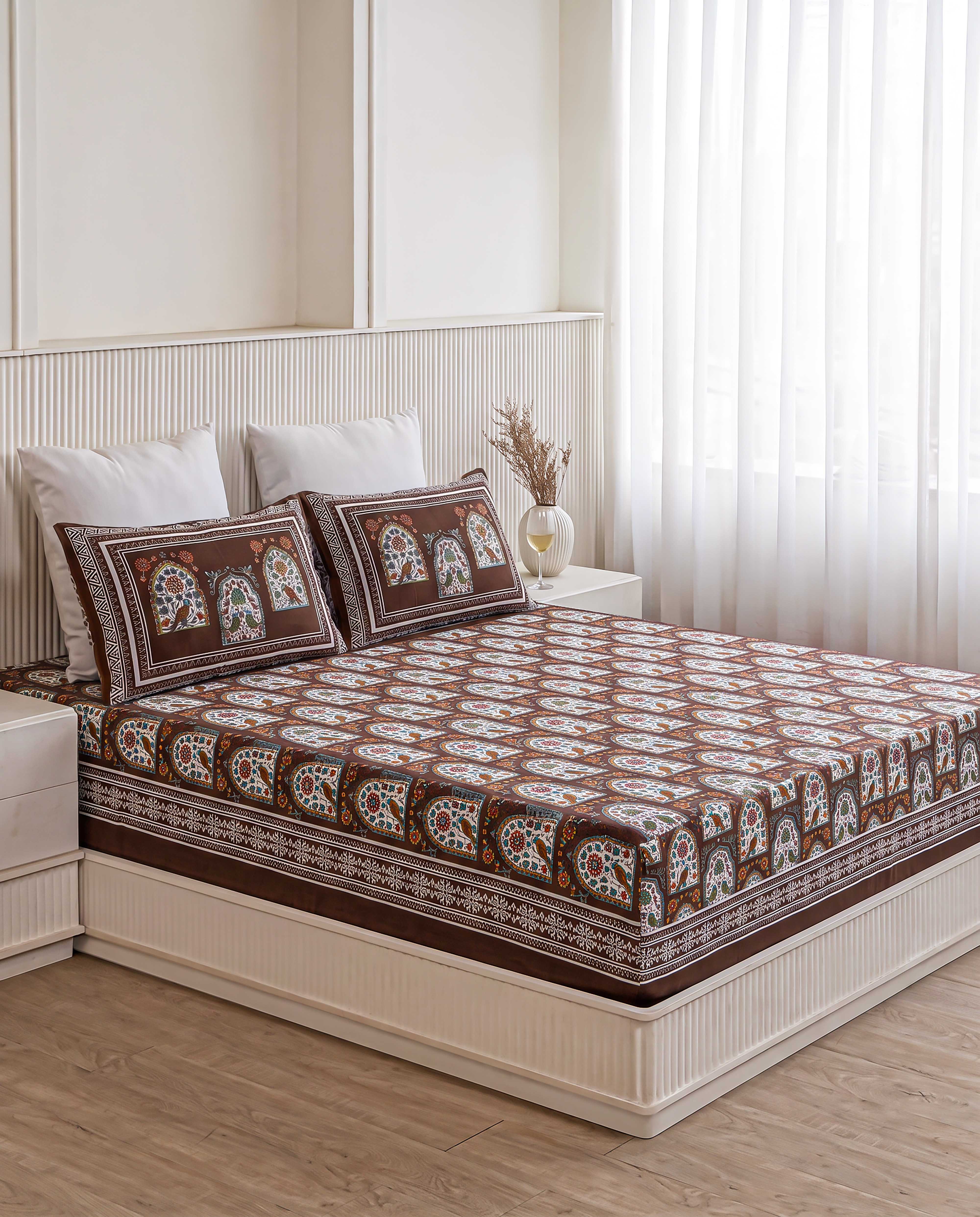 Imperial Jharokha Birds & Arch Hand-Block Printed Super King Bedsheet