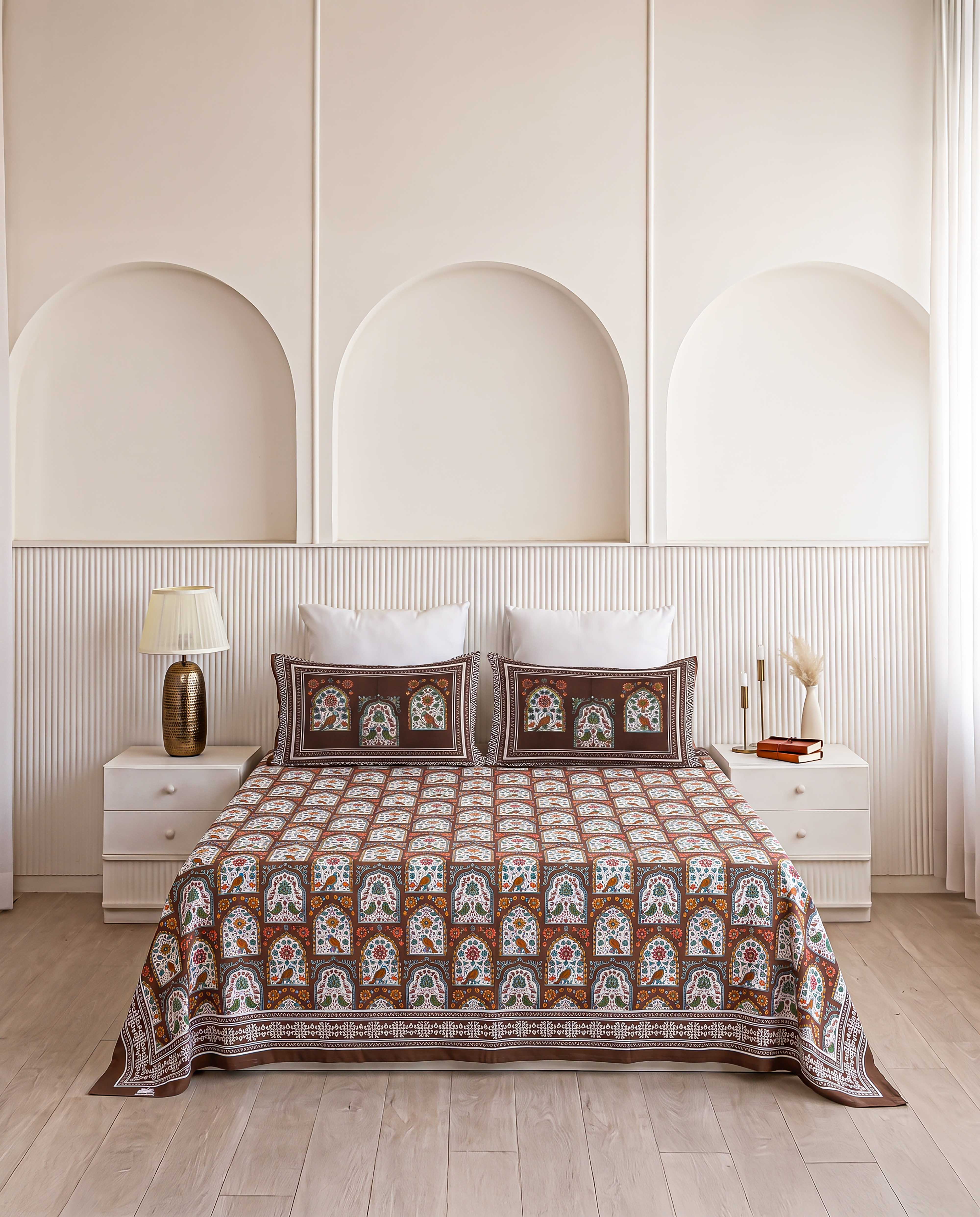 Imperial Jharokha Birds & Arch Hand-Block Printed Super King Bedsheet