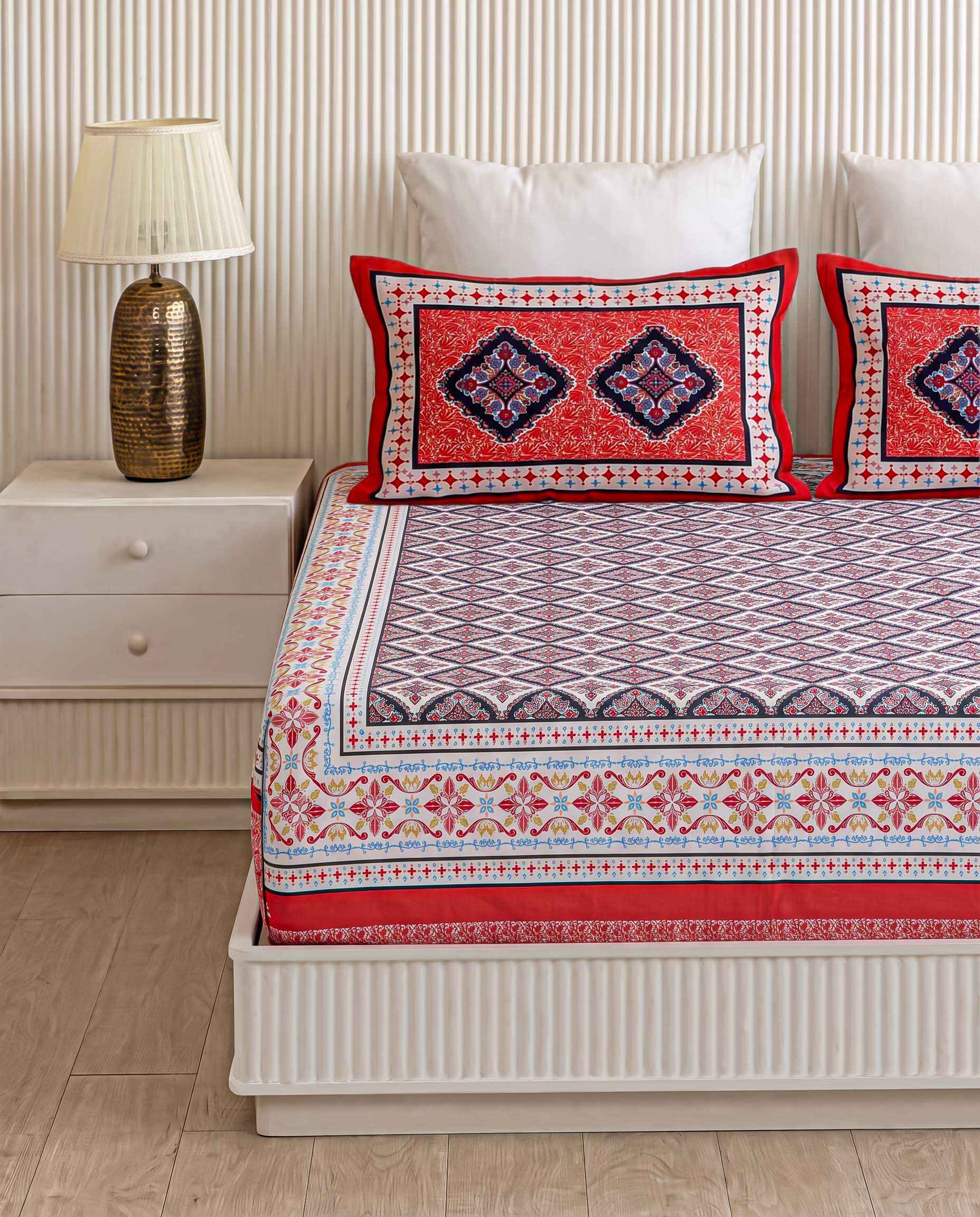 Scarlet Diamond Jaali Hand-Block Printed Super King Bedsheet