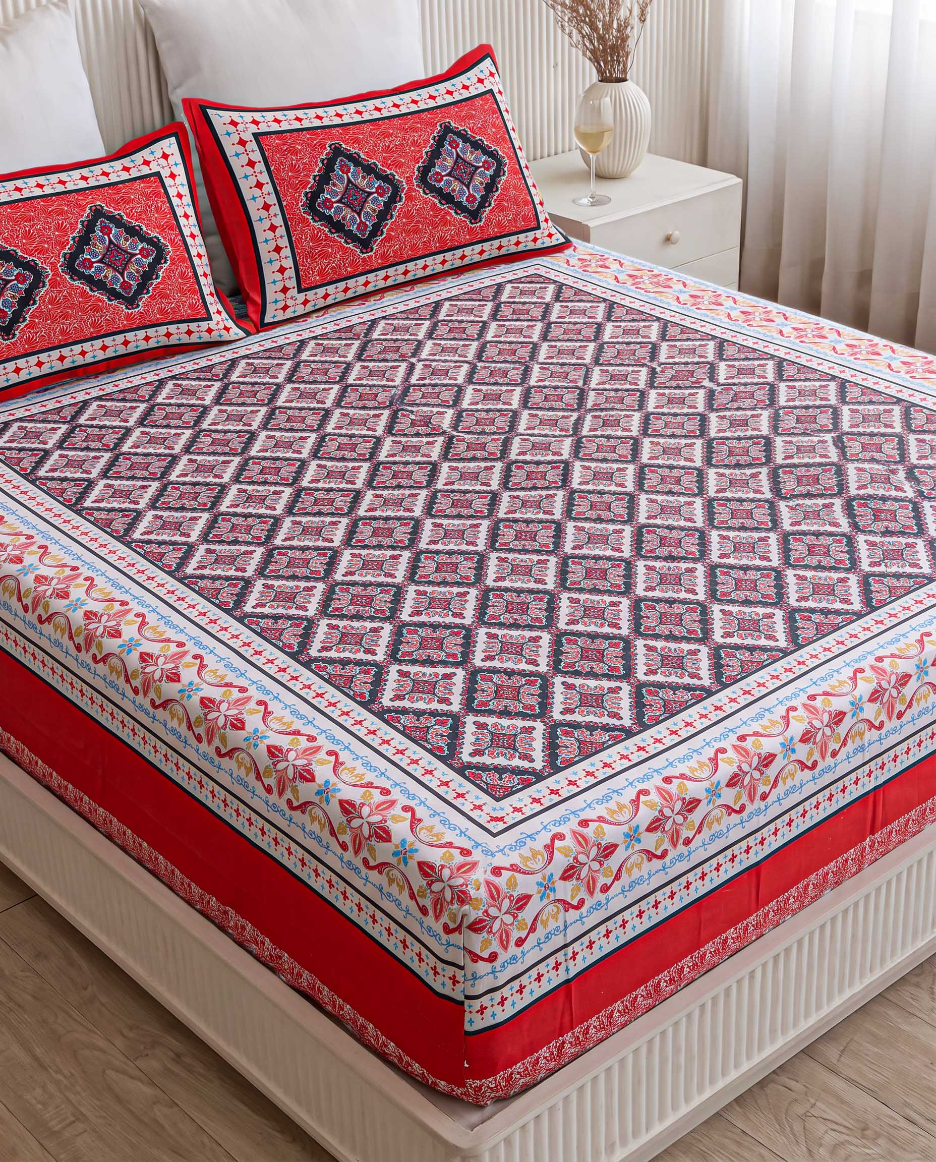 Scarlet Diamond Jaali Hand-Block Printed Super King Bedsheet