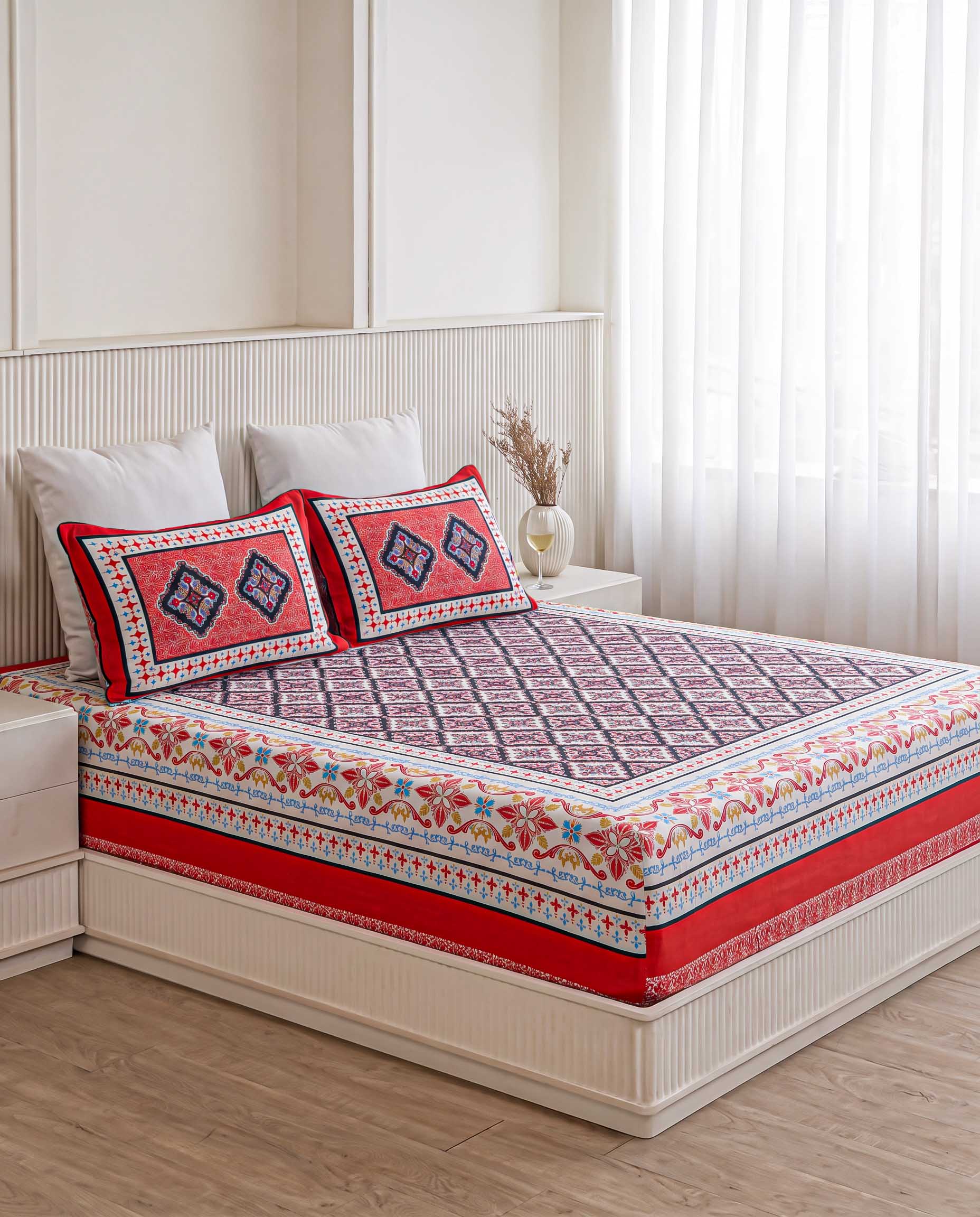 Scarlet Diamond Jaali Hand-Block Printed Super King Bedsheet