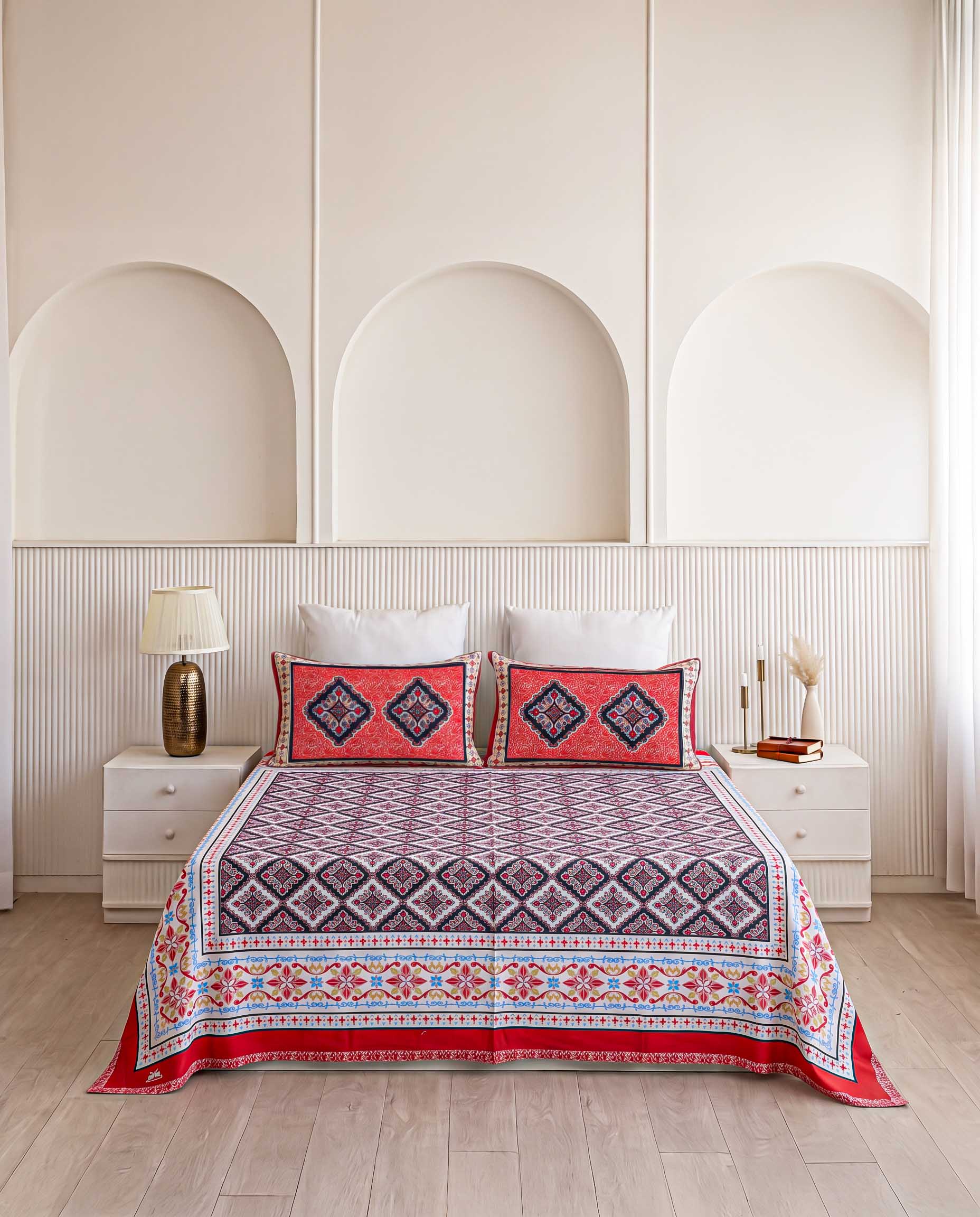 Scarlet Diamond Jaali Hand-Block Printed Super King Bedsheet