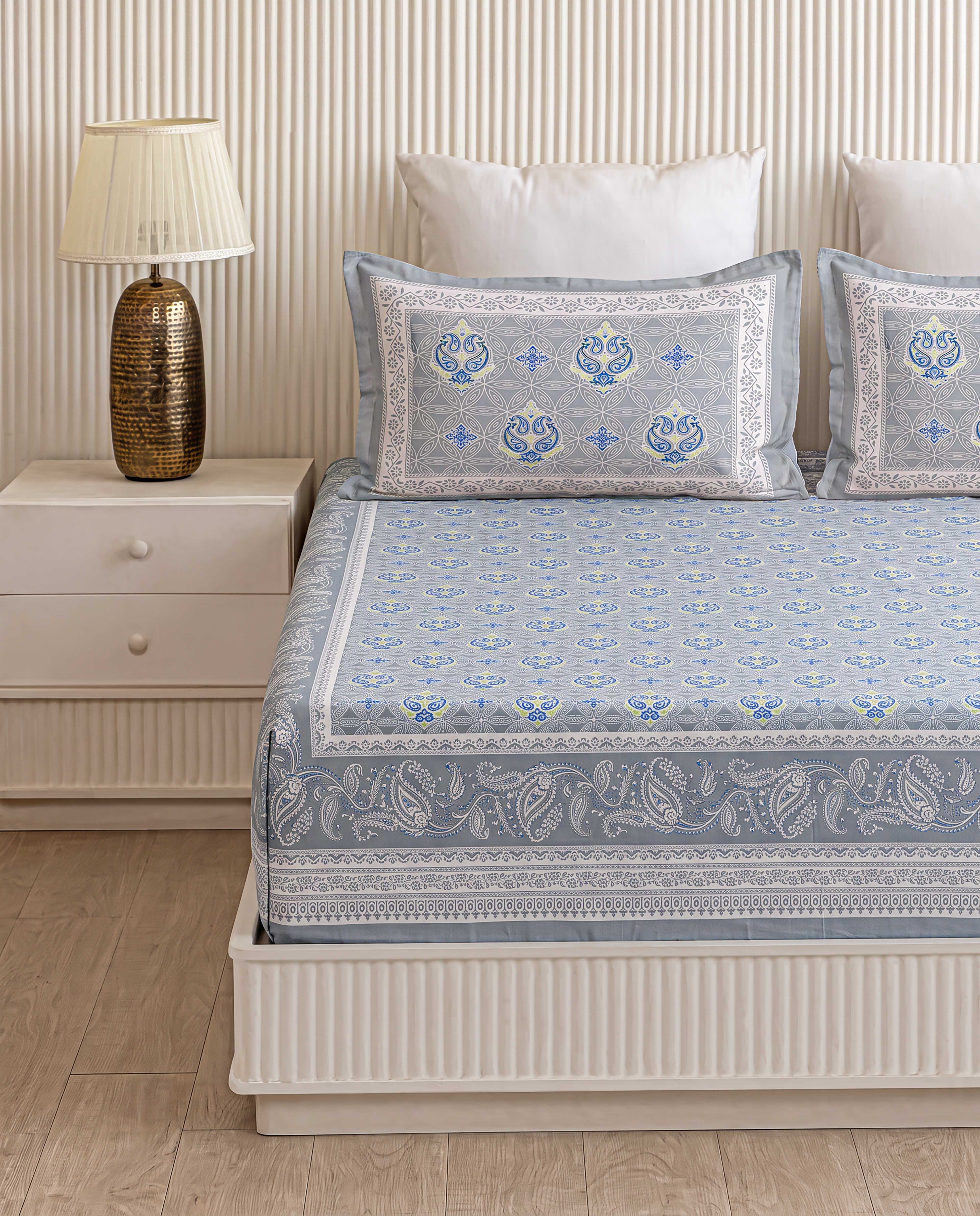 Slate Serenity Paisley Medallion Block Printed Super King Bedsheet