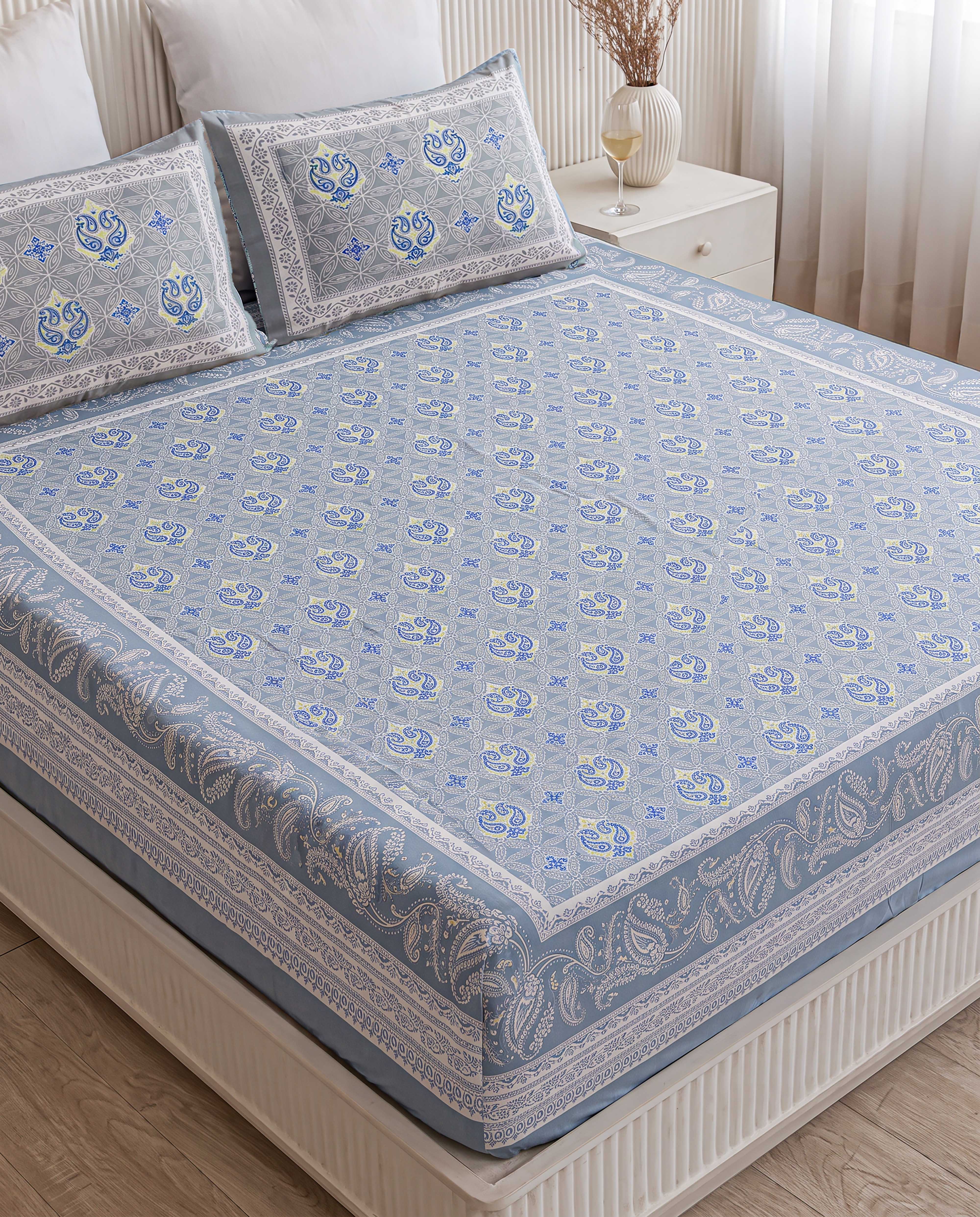 Slate Serenity Paisley Medallion Block Printed Super King Bedsheet