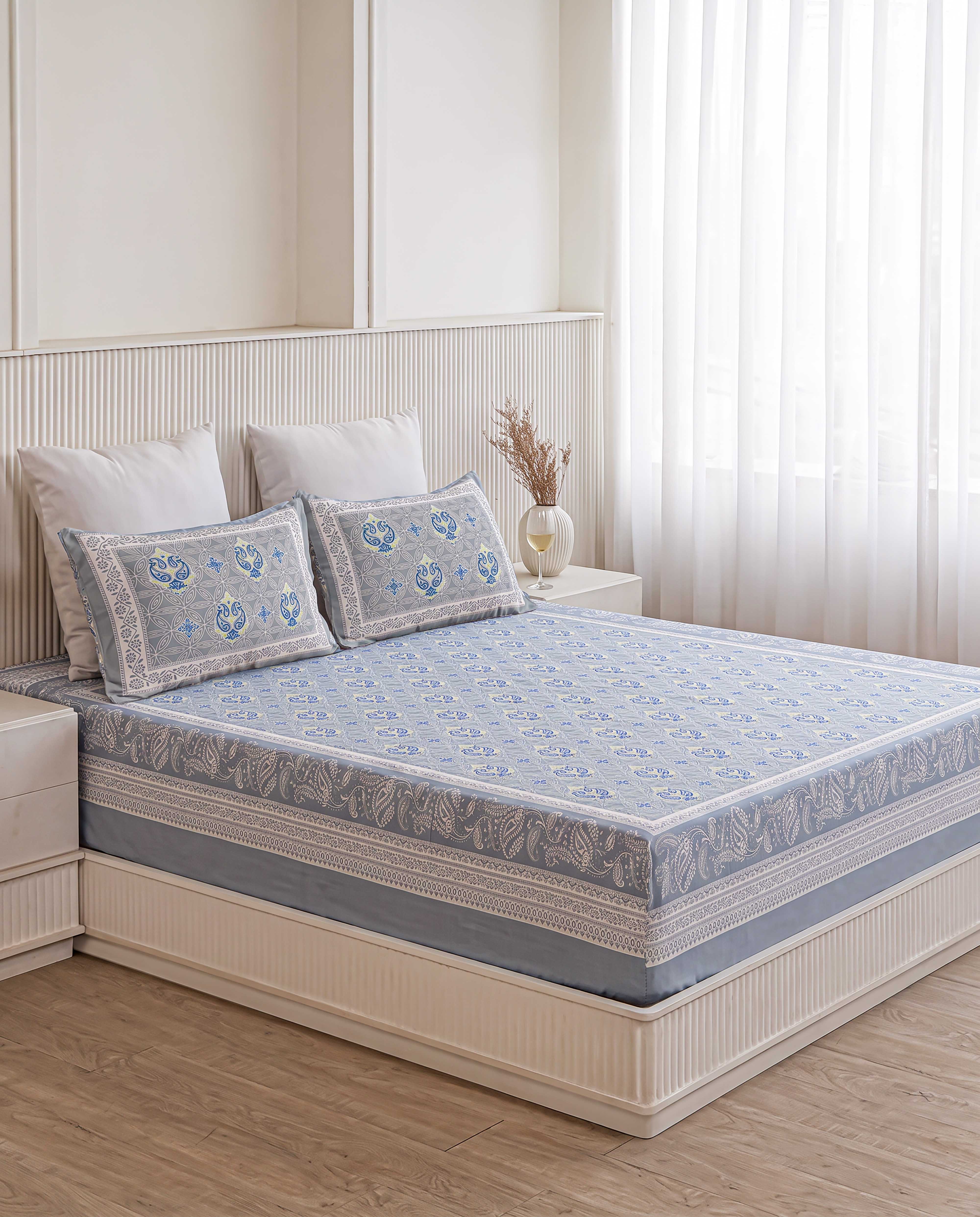 Slate Serenity Paisley Medallion Block Printed Super King Bedsheet