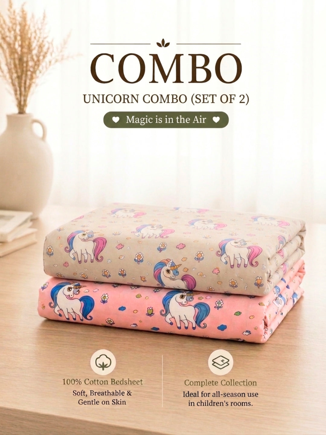 Magical Unicorn Combo – Pack of 2 Premium Cotton Bedsheets for Kids
