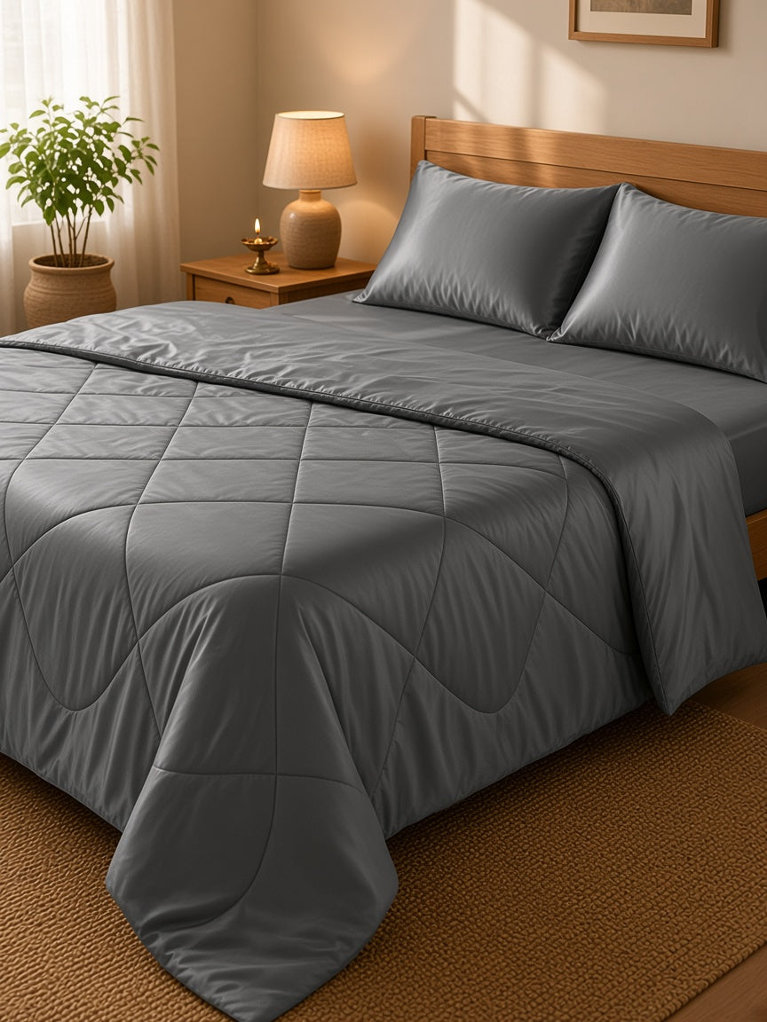 Charcoal Slate Satin Bedsheet & Charcoal Grey Satin Comforter Combo
